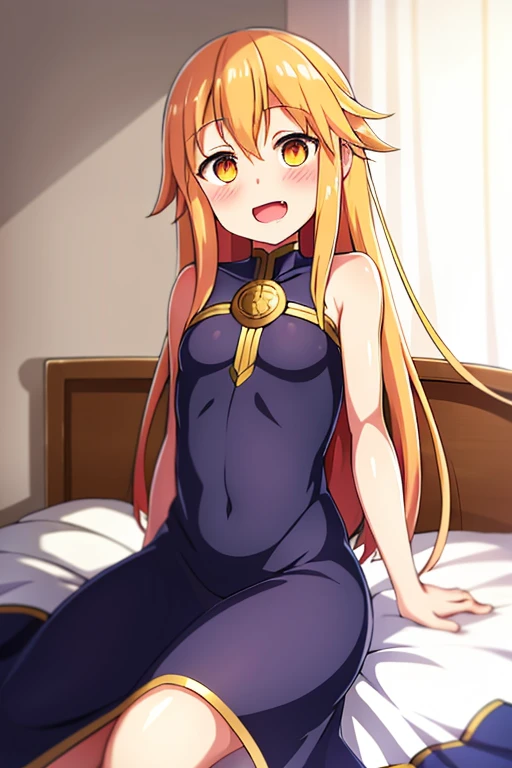 ((highest quality)), ((masterpiece)), (be familiar with), Perfect Face, indoor, Bedroom, Watching the audience,
One woman, Thor,
Open Mouth, Ecstatic expression, blush, smile,
Small breasts, Flat Chest, Young Girl, , , Girl,
Long Hair, Golden Hair, Orange eyes, Long Hair,
Leg spread,