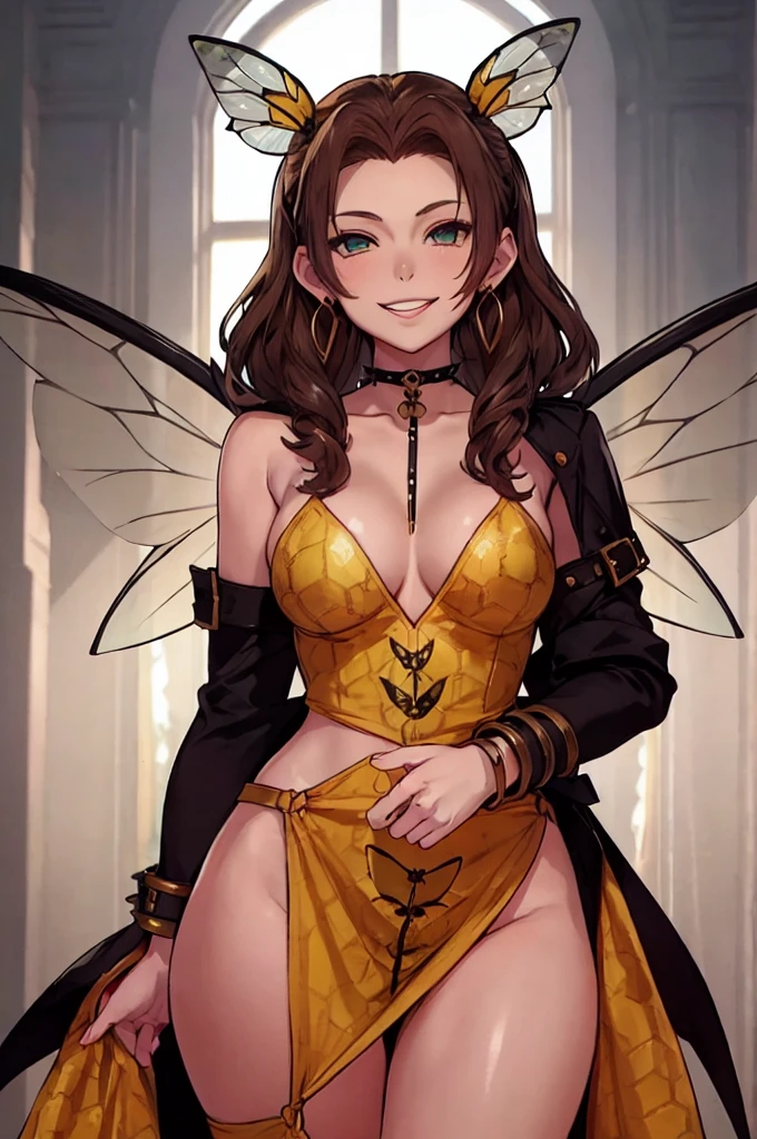 sfw, cartoon, aerith gainsborough reimagined as a horny girl in honeybee costume, (masterpiece, best quality), beautiful face, (22yr old, beautiful girl, solo:1.1),brown_hair,long_hair, pixiv, evil smile, sadistic, erotic lips, seductive eyes, drooping eyes, provocative expression, smirks, squint, enraptured, fascinated, scornful laughter, aroused, lovely, naughty face, half closed eyes, fearless smile, crazy smile,toned female, glamorous perfect female proportion, wide hips, extremely shiny, reflecting light, awesome metallic surface texture, cute, akiba, anime face, moe, yellow and black striped hair, wasp ornament, Yellow and black striped boots, wasp transparent wings, bee Transparent wings, wasp antennae, wasp printed, Honeycomb printed, poison needle, yellow and black striped fur, spike choker, earrings, best quality, amazing quality, very aesthetic,