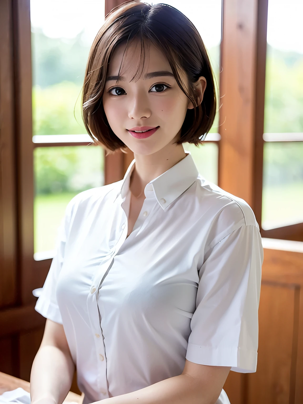 (8k、highest quality、masterpiece:1.8、bangsのあるショートボブヘア:1.8)、(Genuine、Genuineistic:1.5)、Very detailed、1 girl、28 years old、cute、alone、Sitting、 (Beautiful symmetrical face、Beautiful face with golden ratio、smile:1.15、Beautiful light brown eyeouth closed)、big chest、Looking into the camera、Looking into the camerachest元、Beautiful and beautiful eyes、big, Round eyes、Transparent double eyelids、eyelash、lips、(White shirt:1.6)、(short hair:1.2)、Very black hair:2、bangs、Light brown eyes、Beautiful long neck、smile、shut up.、cute face、Genuineistic skin types、Genuineの質感、Unbutton、淡いピンクのlips、There's Genuinely no background、Genuinely pure white background、28 years old,Natural light、上lipsが厚くない、Hands are lowered、(({Huge|big|Hugeな|Mega} chest:2, chestの谷間:2、A very beautiful and charming adult woman:1.5、Beautiful neckline))