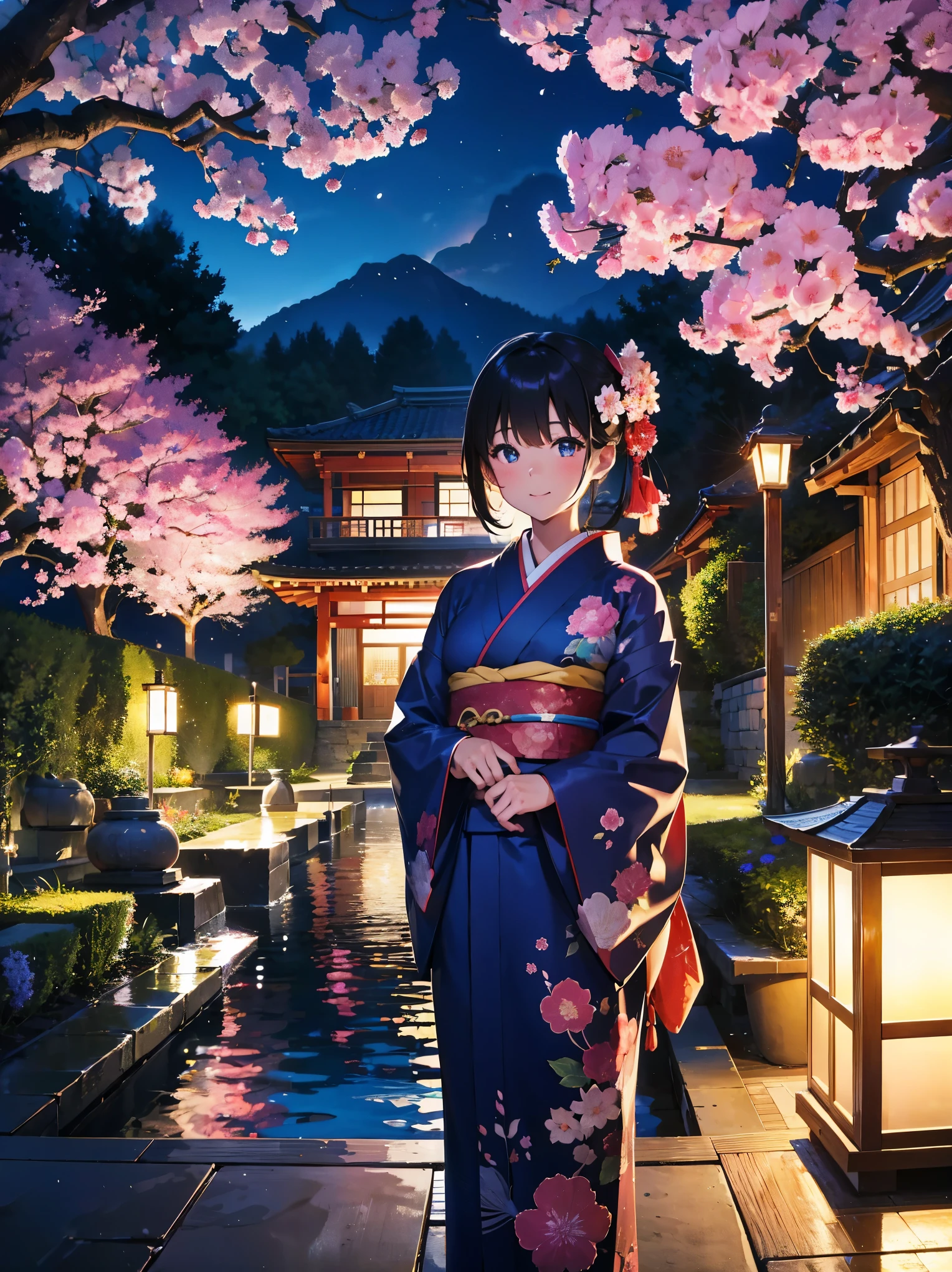 1 Girl、kimono、garden、night、Cherry tree in full bloom