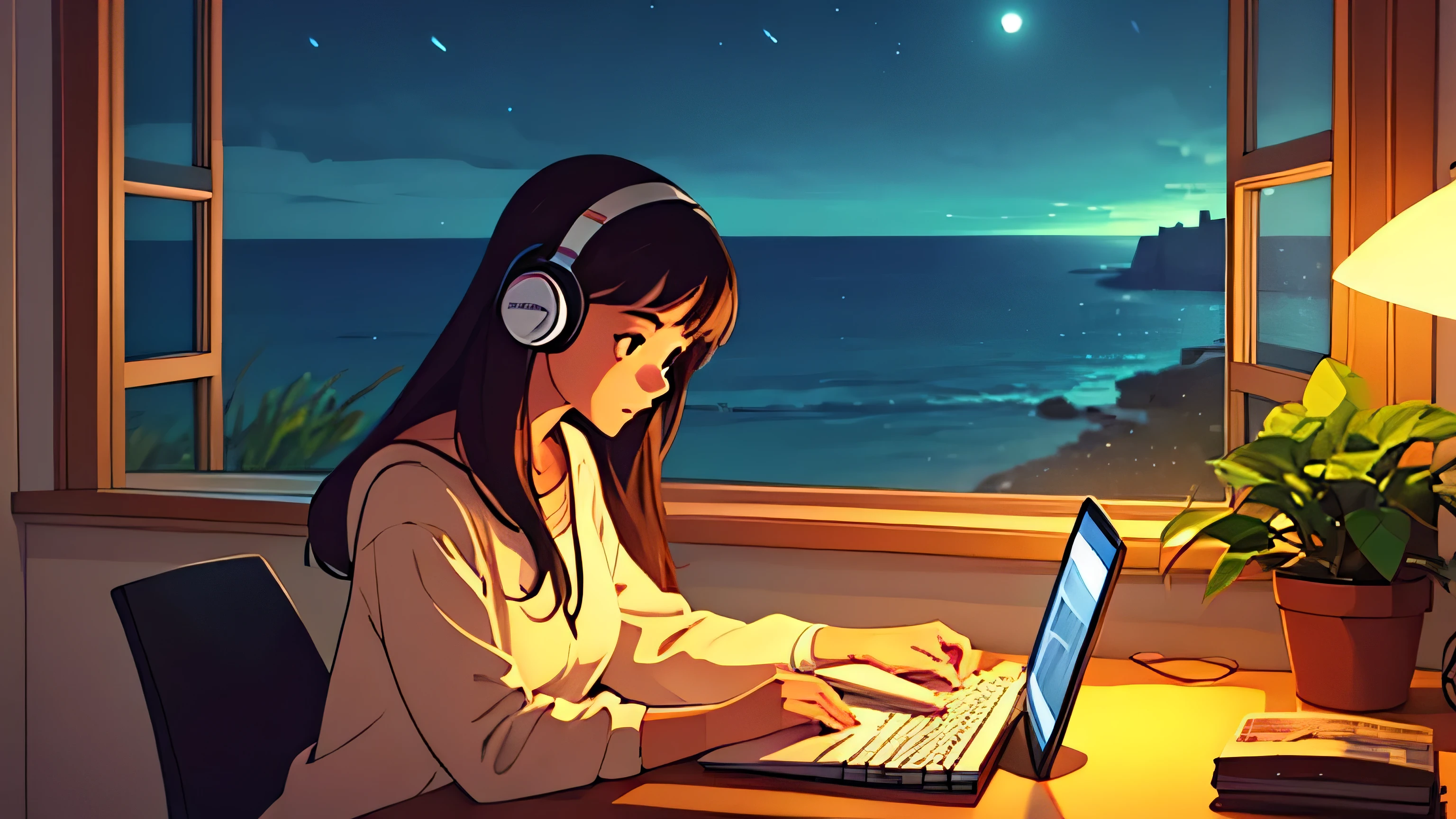 at Night a cute girl sitting at her desk studying with papers besides and listening to music with headphones and typing on her computer on her desk with a cup of cocoa inside and beautiful lit candle on her desk and plants at background Lo-fi A beautiful view in the large window　Ocean　Beach