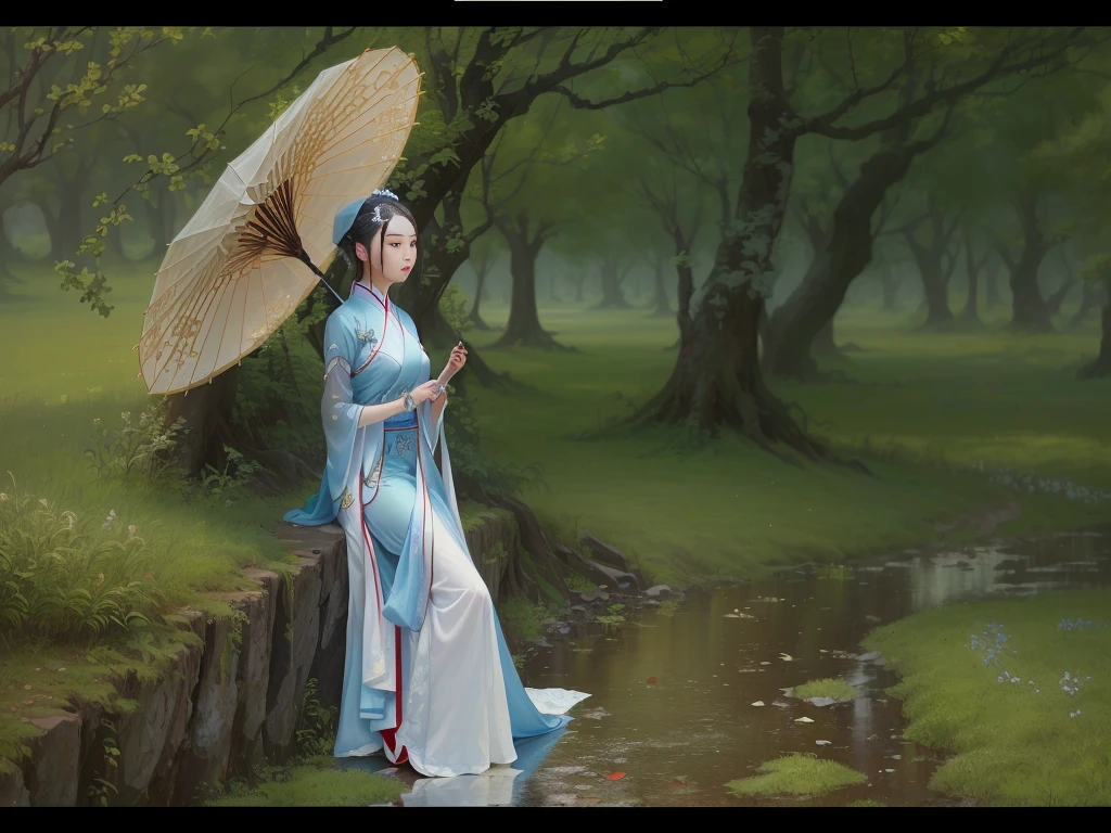 There is a lady in a blue dress holding an umbrella, palace ， a girl in Hanfu, Inspired by Gu An, Hanfu, Inspired by Qiu Ying, white Hanfu, Inspiration from the ages, Inspired by Lu Ji, wearing chinese clothes, Inspired by Roma, An ethereal still painting, Inspired by Tang Yifen