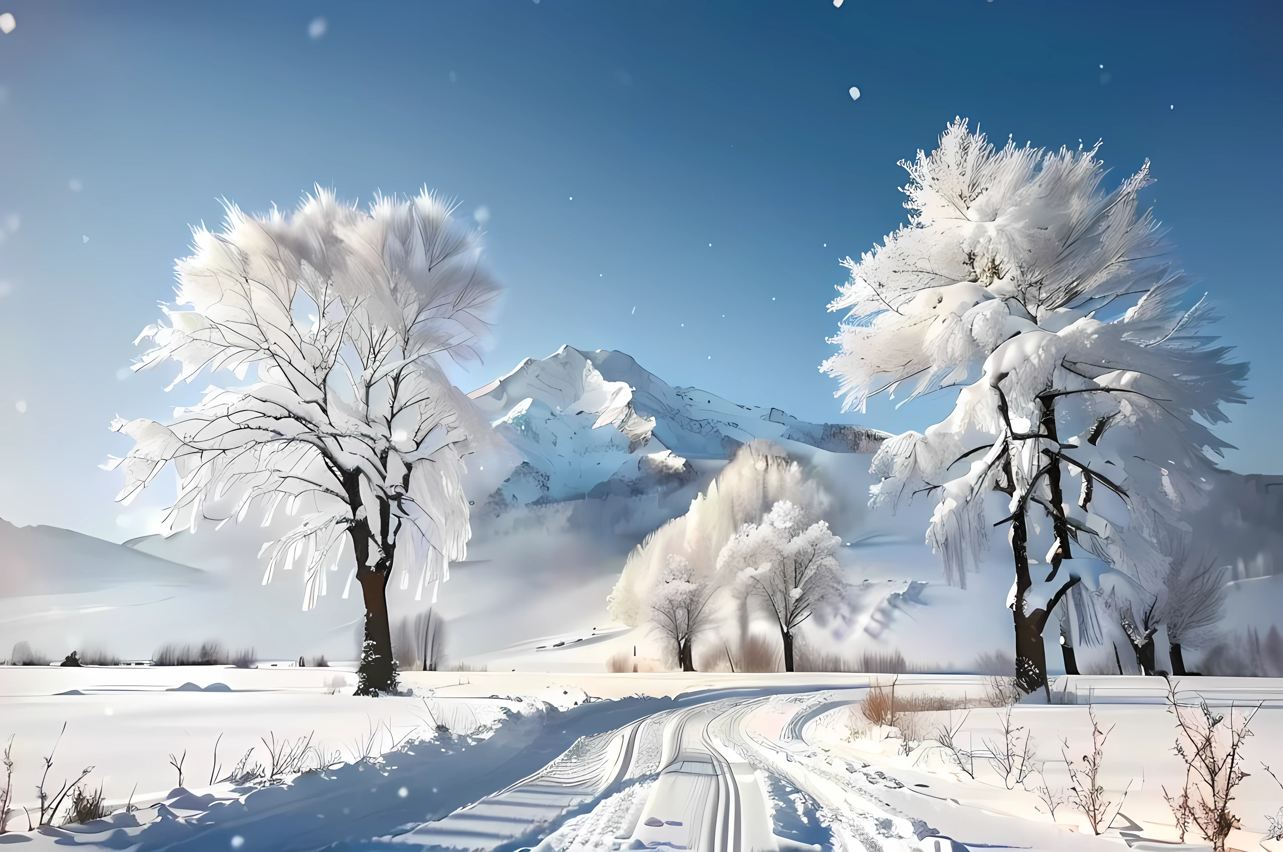 snowy trees line a road in a Snow Scene with a mountain in the background, beautiful Snow Scene, beautiful winter area, Snow Scene, winter landscape, Snow Scene, winter landscape outside, Winter atmosphere, Snowy winter, snow mountain scenery, Sunny winter day, Winter snow, Snow mountain background, Winter scene fantasy, Snowy winter scene, Winter Environment, Winter scene