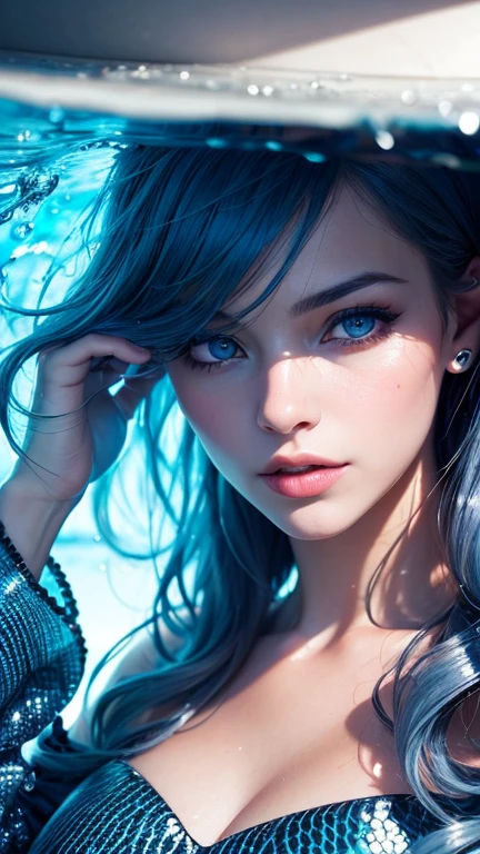 (dent in the skin:1.5), realistic, realistic, (masterpiece:1.5), conceptual art, complex part, very detailed, realistic, octane number, 8K, Unreal engine, dynamic pose, Best quality, a high resolution, (realistic face:1.1), (hyperrealism:1.1), ((full_body)), Perfect eyes, (shiny skin: 1.2), (((A hairstyle))), (((perfect hand)) ), (very detailed фон), ((Dynamic background) ), ((waves)), (water surface), ((1 girl)), mermaid, blue hair, (((Shiny scales))), ((detailed eyes, high quality eyes, high quality face)), (Very complicated dress), Long blue hair, goldfish, water, whirlpool, sparkling, ((dramatic)), Epic, battlefield, depth of field, Blur background, 4k, Gothic, Ashes, particles