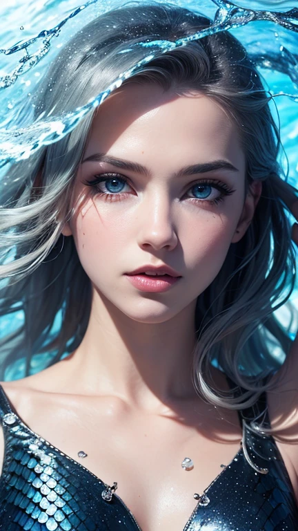 (dent in the skin:1.5), realistic, realistic, (masterpiece:1.5), conceptual art, complex part, very detailed, realistic, octane number, 8K, Unreal engine, dynamic pose, Best quality, a high resolution, (realistic face:1.1), (hyperrealism:1.1), ((full_body)), Perfect eyes, (shiny skin: 1.2), (((A hairstyle))), (((perfect hand)) ), (very detailed фон), ((Dynamic background) ), ((waves)), (water surface), ((1 girl)), mermaid, blue hair, (((Shiny scales))), ((detailed eyes, high quality eyes, high quality face)), (Very complicated dress), Long blue hair, goldfish, water, whirlpool, sparkling, ((dramatic)), Epic, battlefield, depth of field, Blur background, 4k, Gothic, Ashes, particles
