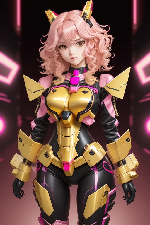 young woman with cute face,Short wavy hair with pink highlights,sexy figure,Equipped with a black and gold Gundam Wing figure outfit.,Standing in a sexy pose,amid colorful lights,Highly detailed,Masterpiece