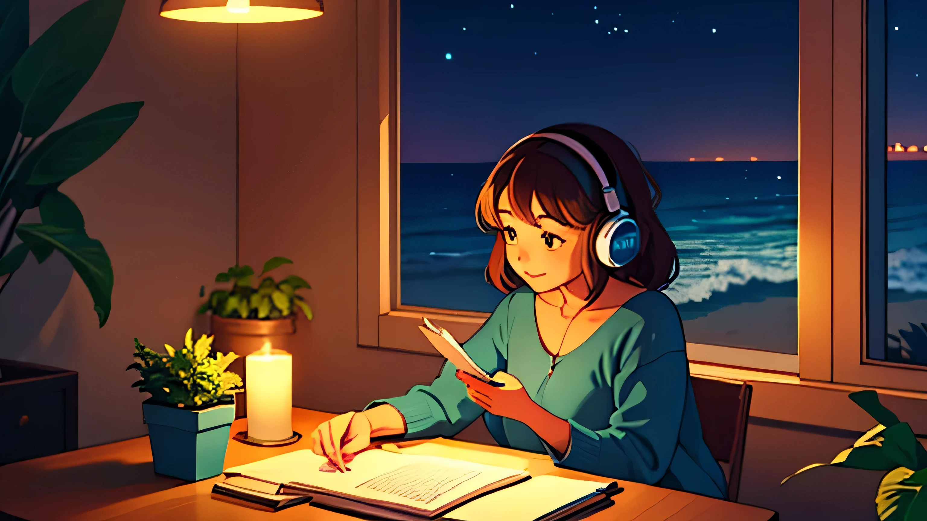 at Night a cute girl sitting at her desk studying with papers besides and listening to music with headphones and typing on her computer on her desk with a cup of cocoa inside and beautiful lit candle on her desk and plants at background Lo-fi A beautiful view in the large window Ocean Beach