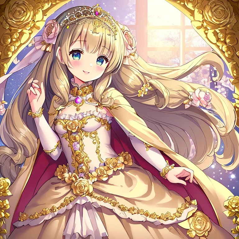 (kawaii),(best quality),(ultra detailed),(rococo style),(long train beige cape:1.15), very long cape,(long train beige ball gown with flower decorations), a girl is wearing a cape over her gown, 1  princess, tiara with blue jewelry, smile, very long hair, small breasts, beautiful detailed eyes, beautiful detailed lips