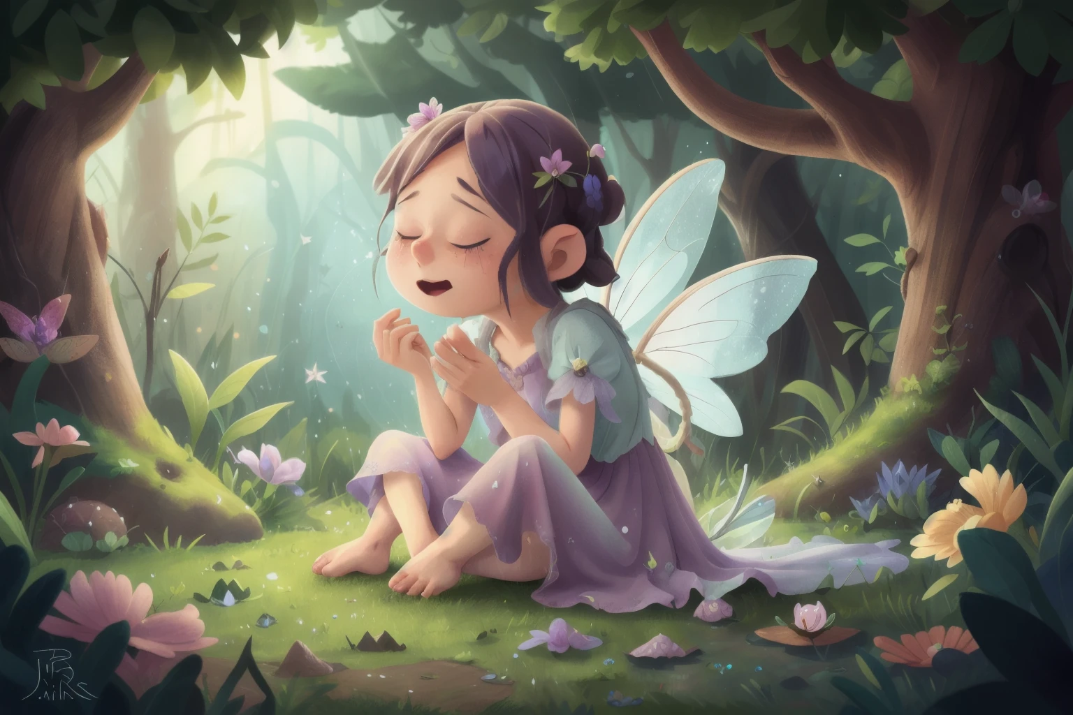A close up of a child sitting on the ground in a forest - SeaArt AI