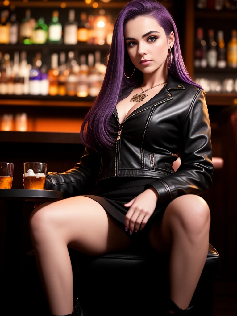 (best quality:1.1), (Masterpiece:1.2), High quality shadow, beautiful details, Beautiful face, Detailed eyes, depth of field, high resolution, best shadow, best light, 1 girl, see the audience, shiny purple hair, smooth, blunt, long hair, ruby pink eyes, shy, Very big breasts, pump, Single strap shirt, black leather jacket, black leather skirt, table, glass, liquor bottle, night time, rift, eyes, pub bar background, sexy woman, cold, pov, Cool Woman ,ear jewelry, cross-legged sitting, sofa