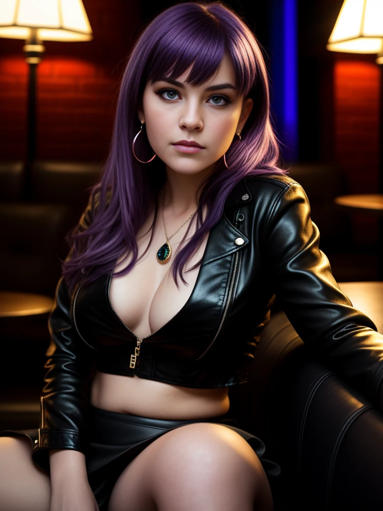 (best quality:1.1), (Masterpiece:1.2), High quality shadow, beautiful details, Beautiful face, Detailed eyes, depth of field, high resolution, best shadow, best light, 1 girl, see the audience, shiny purple hair, smooth, blunt, long hair, ruby pink eyes, shy, Very big breasts, pump, Single strap shirt, black leather jacket, black leather skirt, table, glass, liquor bottle, night time, rift,  eyes, pub bar background, sexy woman, cold, pov, Cool Woman ,ear jewelry, cross-legged sitting, sofa