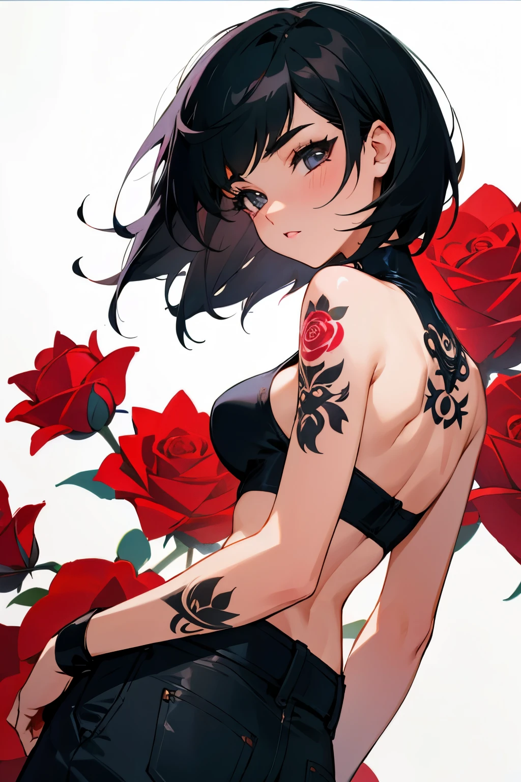 4k, fine detail, masterpiece, high quality eyes, high detail painting, soft shadows, best character art , 1 girl, solo girl, half nude, open clothes, 1girl, ass, bangs, black hair, blunt bangs, bouquet, bra, breasts, dark-skinned female, dark skin, flower, jewelry, looking at viewer, looking back, medium breasts, parted lips, petals, pink rose, ring, rose, rose petals, see-through, short hair, solo, underwear, white bra, white rose