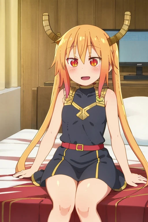 ((highest quality)), ((masterpiece)), (be familiar with), Perfect Face, indoor, Bedroom, Watching the audience,
One woman, Thor,
Open Mouth, Ecstatic expression, blush, smile,
Small breasts, Flat Chest, Young Girl, , , Girl,
Long Hair, Golden Hair, Orange eyes, Long Hair,
Leg spread,