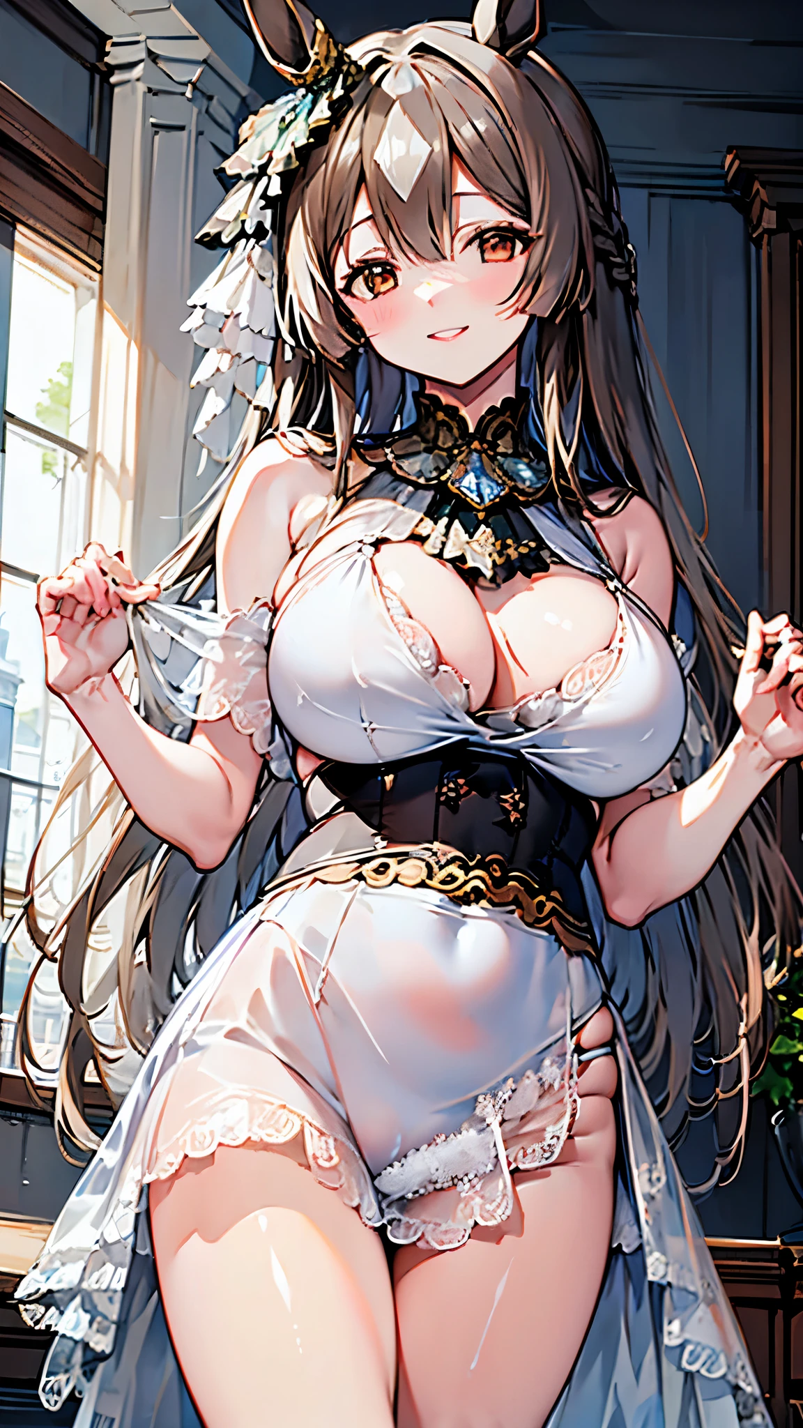 masterpiece, highest quality, Disorganized, Perfect Anatomy, Long Hair, smiling , (((busty))), ,1girl, large breasts , sensual body, Her cheeks flushed, vaginal secretions , Girl in white lace dress