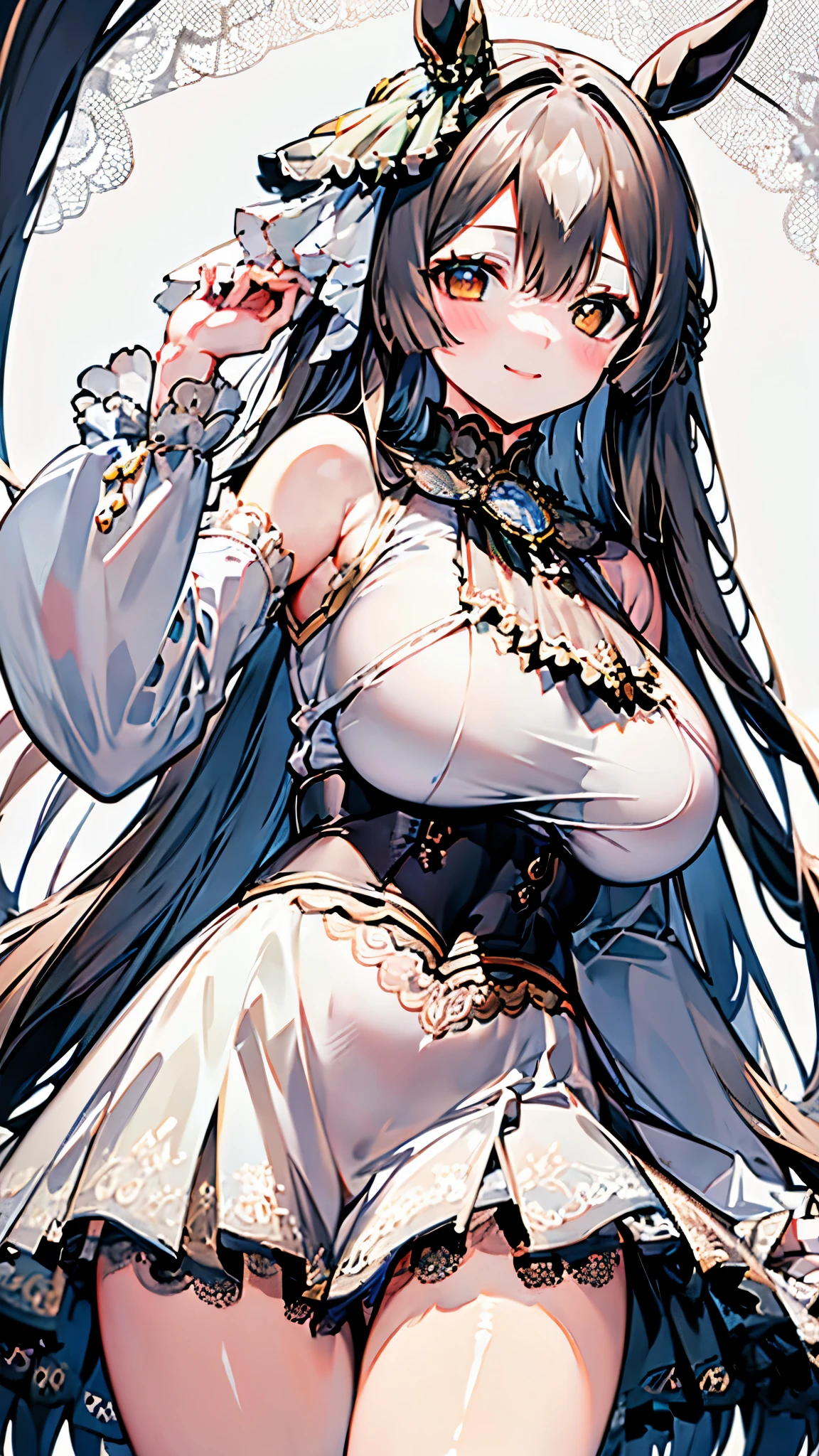 (girl:1.2), (1 person:1.2),(10歳のgirl)、若いgirl、big breasts、 nffsw、shader、highly detailed eyes、long straight hair、underide boob、black hair、silky hair、ultra-intricate pupil in eyes、highest quality、bright colors、Bust 100、Repose、Standing picture of the game、Stirring composition、Composition looking up from below、Lift your with your hands、Pose that emphasizes the chest、fold your arms、grinning expression、eyes half closed、open your mouth、Wicked face、Bullish smile、fold your hands behind your back、Hide your hands、evil smile、whole body、beautiful