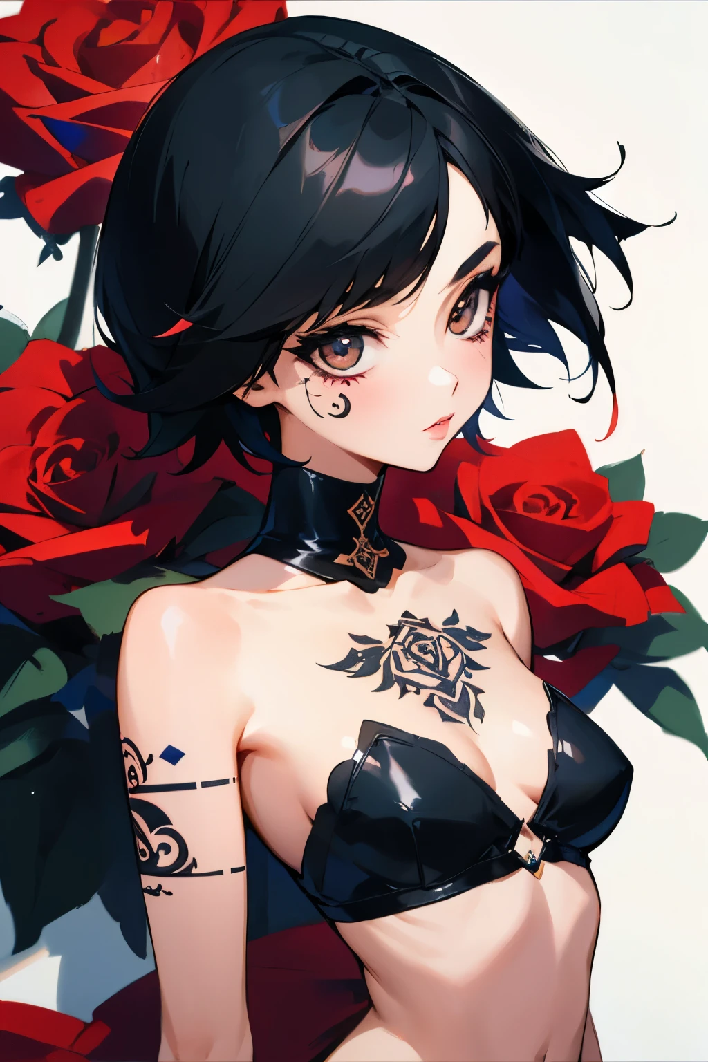 Girl, short black hair, eyeliner, and a tattoo of roses on her body