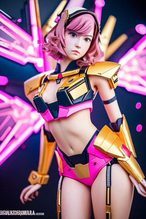 young woman with cute face,Short wavy hair with pink highlights,sexy figure,Equipped with a black and gold Gundam Wing figure outfit.,Standing in a sexy pose,amid colorful lights,Highly detailed,Masterpiece