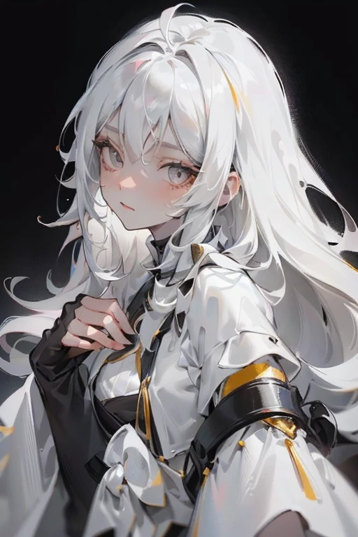 masterpiece, best quality, portrait of 1girl, adult woman, black background with a gray gradient from below, long white hair, clothes are a black narrow dress with gold elements, white light is falling from above, she holds her hands behind her head, looks straight at the camera
