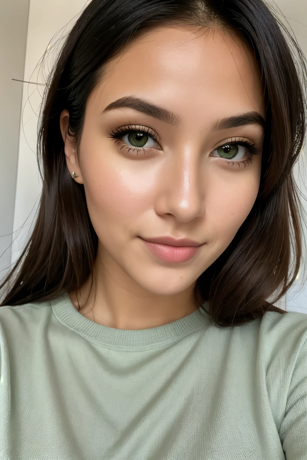 girl 30 years old, modest, slim, looks at the camera from the front, good lighting, green eyes, very beautiful