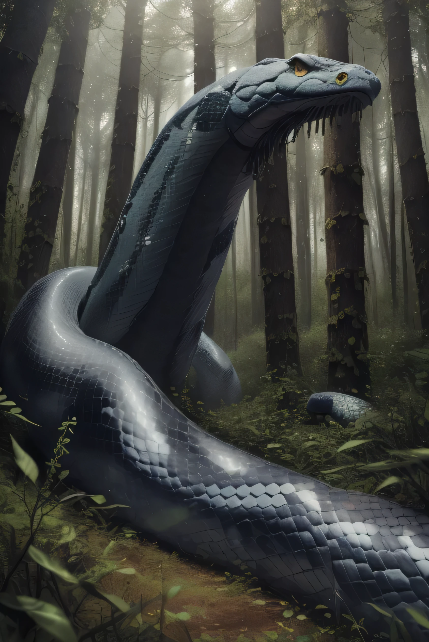 (Absurdres, Intricate Details, Masterpiece, Best Quality, High Resolution, 8k), animal, animal in the forest, giant animal, candid, animal, giant snake, snake with wing, snake flying, super huge snake, super long snake, forest in background, scary atmosphere, Depth of Field, VFX.