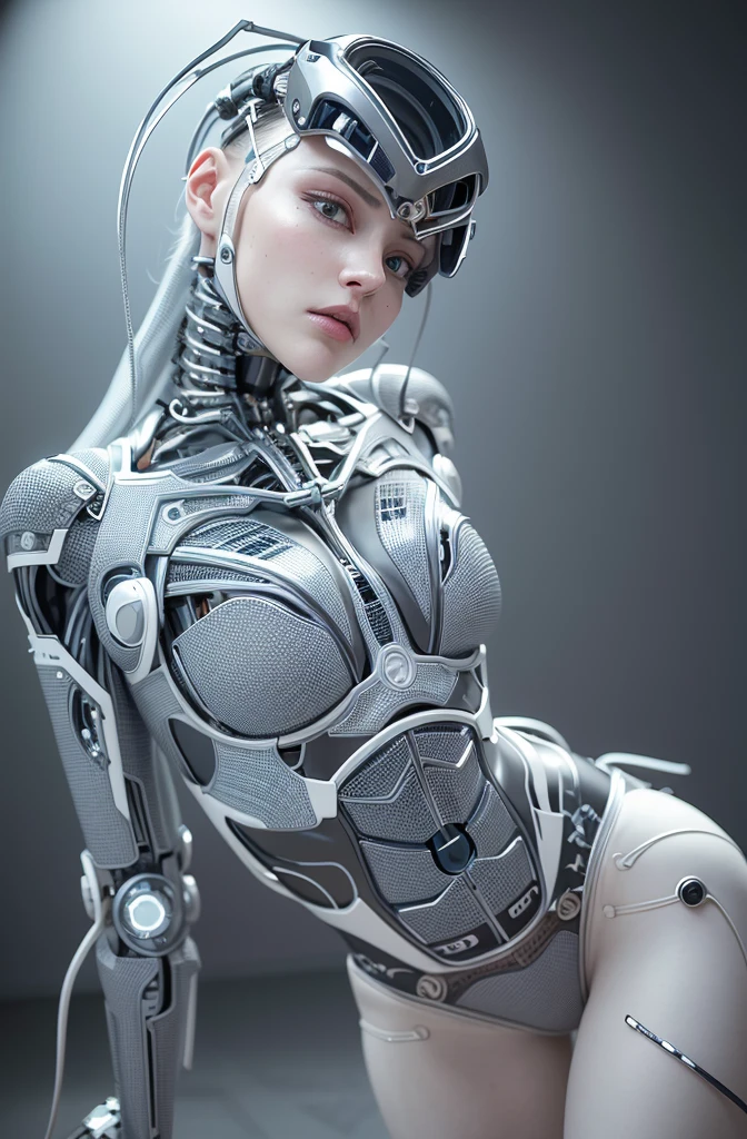 complex 3d render ultra detailed of a beautiful porcelain profile woman android face, cyborg, robotic parts,120 mm, beautiful studio soft light, rim light, vibrant details, luxurious cyberpunk, lace:1.1,hyperrealistic, anatomical, facial muscles, cable electric wires, microchip, elegant, beautiful background, octane render, H. R. Giger style, 8k, best quality, masterpiece, illustration, an extremely delicate and beautiful, extremely detailed,CG,wallpaper, (realistic, photo-realistic:1.5),Amazing, finely detail, masterpiece,best quality,official art, extremely detailed CG unity 8k wallpaper, absurdres, incredibly absurdres, robot, silver halmet, full body,Standing posture