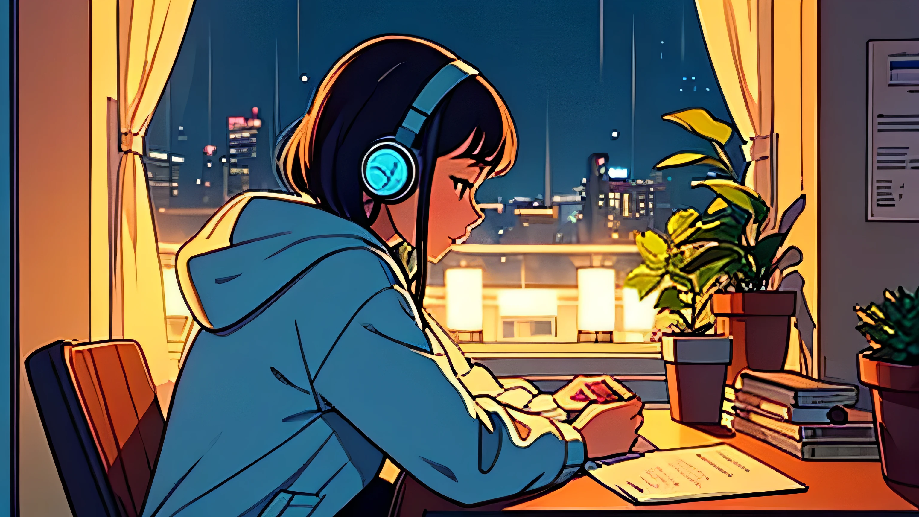 at rainy Night a cute girl sitting at coin laundry studying with papers besides and listening to music with headphones and typing on her computer on her desk and plants at background Lo-fi A beautiful view in the large window　Ocean　Beach