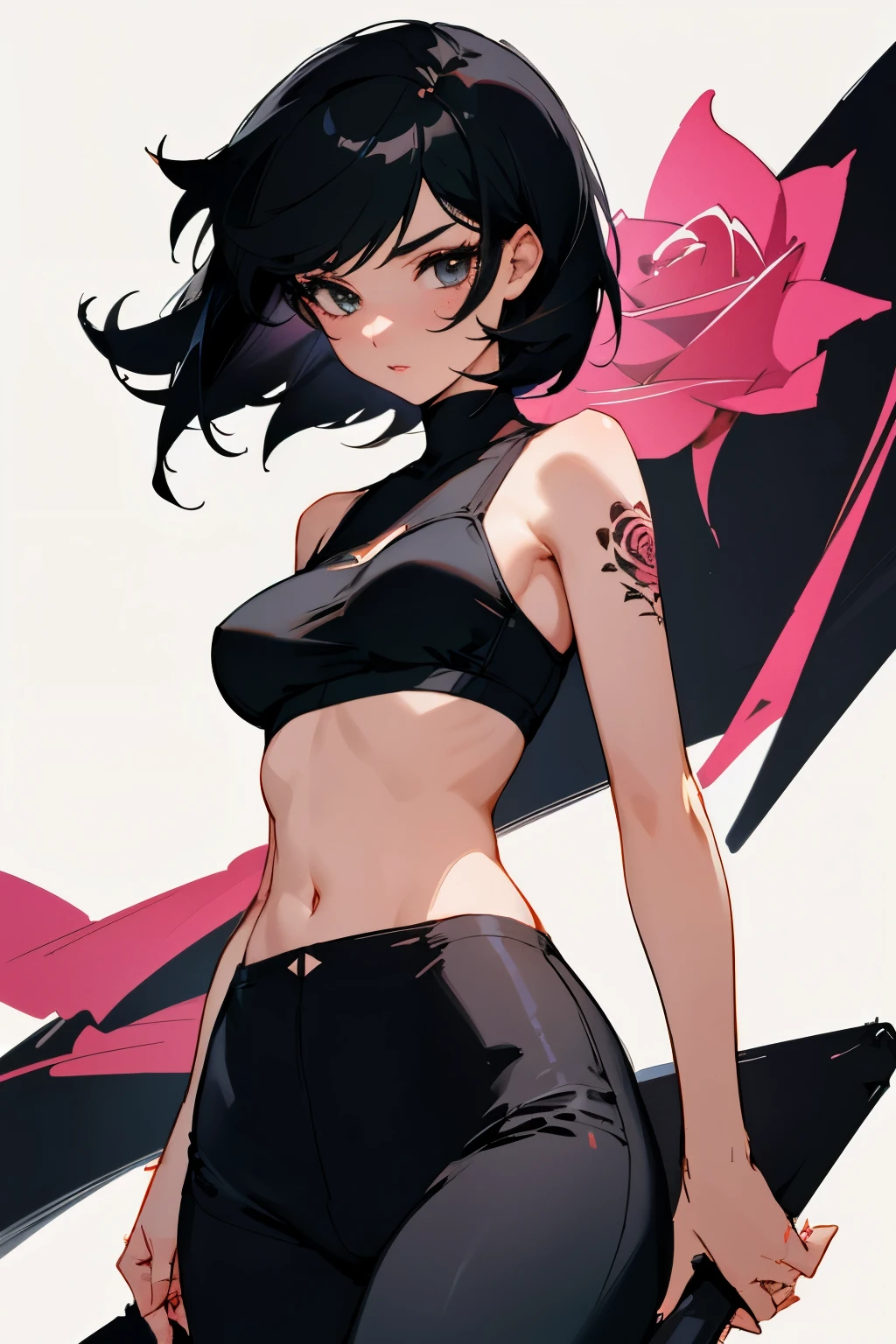 Girl, short black hair, eyeliner, rose sketch tattoo on her body, black bra, long black tight pants, medium sized breasts 