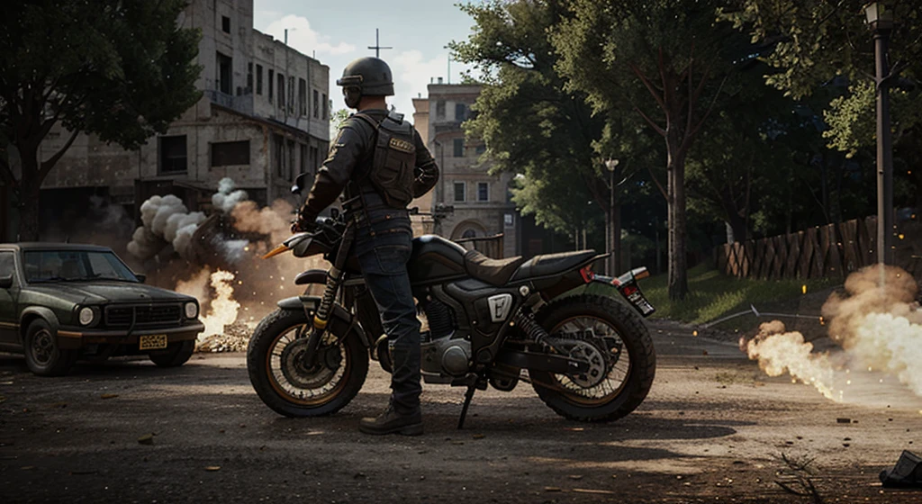 (Best quality,4K,8K,A high resolution,Masterpiece:1.2),Ultra-detailed, (Realistic,Photorealistic,photo-realistic:1.37),(((Post apocalyptic scenario, Desolate atmosphere, Dystopian landscape))),madmax,Postmodern wasteland punk style skeletons,Ride a motorcycle to spray flames