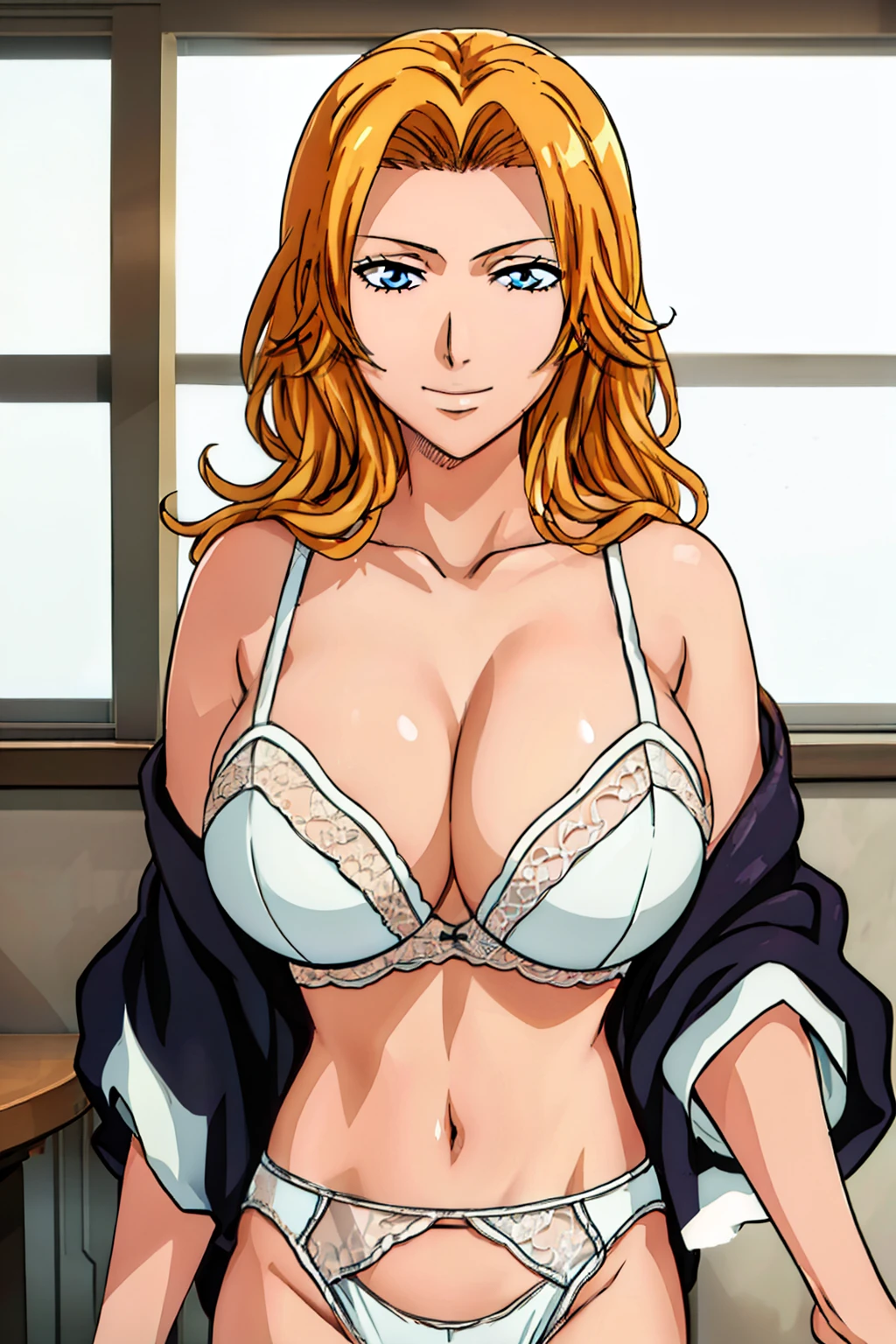 (POV Dating : 1.3), bare shoulder, white lace bra, white lace panties, white garter belt, luxury diningroom background, matsumoto rangiku, anime cels style, best quality, high resolution, (huge breasts:1.3), cowboy shot, (potrait body), blue eyes, Blonde hair, bangs, Long hair, 1 girl, looking at viewer, beautiful face, Beautiful Finger, Beautiful long legs, Beautiful body, Beautiful Nose,Beautiful character design, light smile