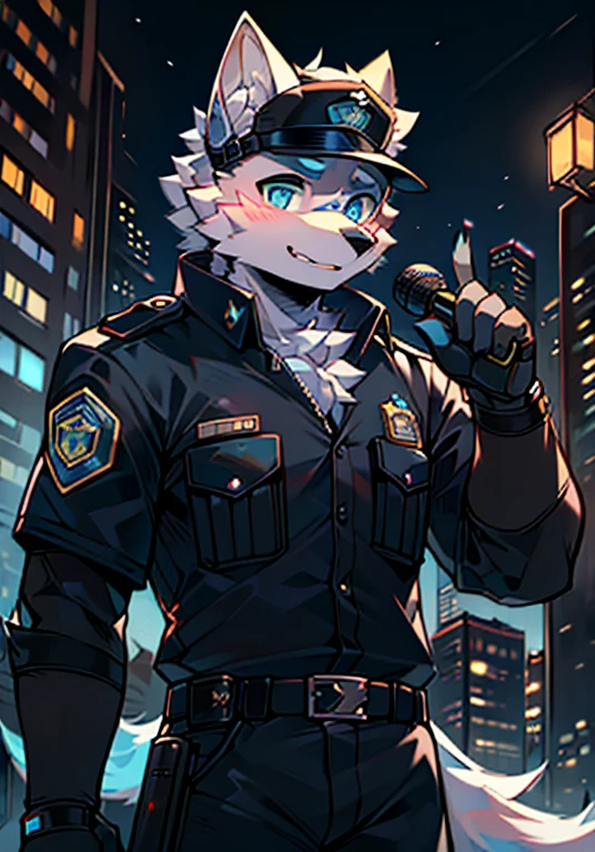 best quality,Delicate style,Exquisite lines,White Wolf Orcs,male,Blue pupils,Black police uniform,Radio Headset,Tactical gloves,MK2000,City,night