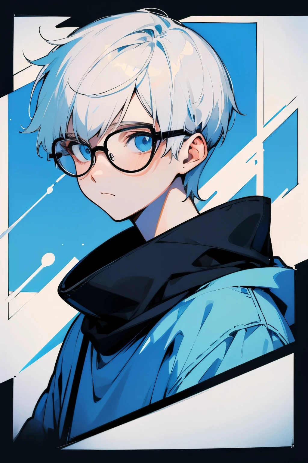 White hair,short hair,youth,clear sky blue eyes,Black square frame glasses。White sweatshirt