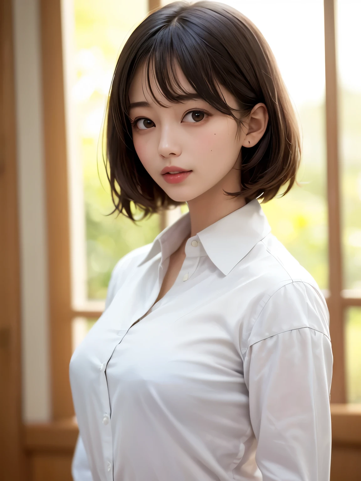 (8k、highest quality、masterpiece:1.8、bangsのあるショートボブヘア:1.8)、(Genuine、Genuineistic:1.5)、Very detailed、1 girl、28 years old、cute、alone、Sitting、 (Beautiful symmetrical face、Beautiful face with golden ratio、smile:1.15、Beautiful light brown eyeouth closed)、big chest、Looking into the camera、Looking into the camerachest元、Beautiful and beautiful eyes、big, Round eyes、Transparent double eyelids、eyelash、lips、(White shirt:1.6)、(short hair:1.2)、Very black hair:2、bangs、Light brown eyes、Beautiful long neck、smile、shut up.、cute face、Genuineistic skin types、Genuineの質感、Unbutton、淡いピンクのlips、There&#39;s Genuinely no background、Genuinely pure white background、28 years old,Natural light、上lipsが厚くない、Hands are lowered、(({Huge|big|Hugeな|Mega} chest:2, chestの谷間:2、A very beautiful and charming adult woman:1.5、Beautiful neckline))