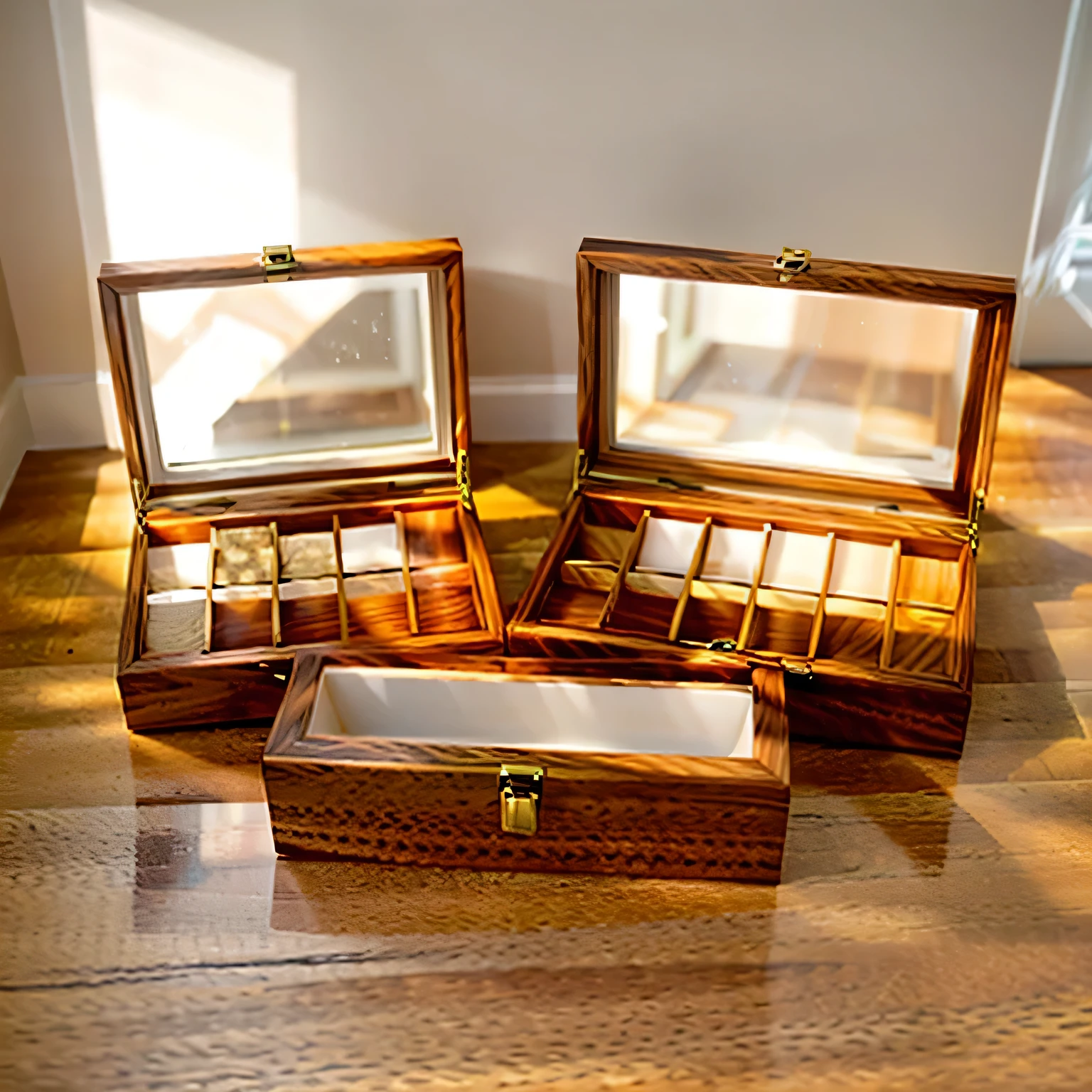 in this warm and pleasant room,The sun shines like a thread,Through lightly drawn curtains,Gently sprinkled on the table,It gives the watch storage box a light halo。The wood grain on the box is reflected by the light,Shining with natural and simple luster,Like traces of time passing。on the wall of the room,Several still life paintings hang quietly,Their colors are soft and warm,Adds a touch of elegance and tranquility to the entire space。 The shadow of the storage box gently casts on the floor,A sharp contrast to the brightness of the surrounding environment,The box is more exquisite and unique。The whole room is filled with a peaceful and warm atmosphere,It seems as if time has slowed down at this moment.,Let people indulge in this beauty and tranquility。
