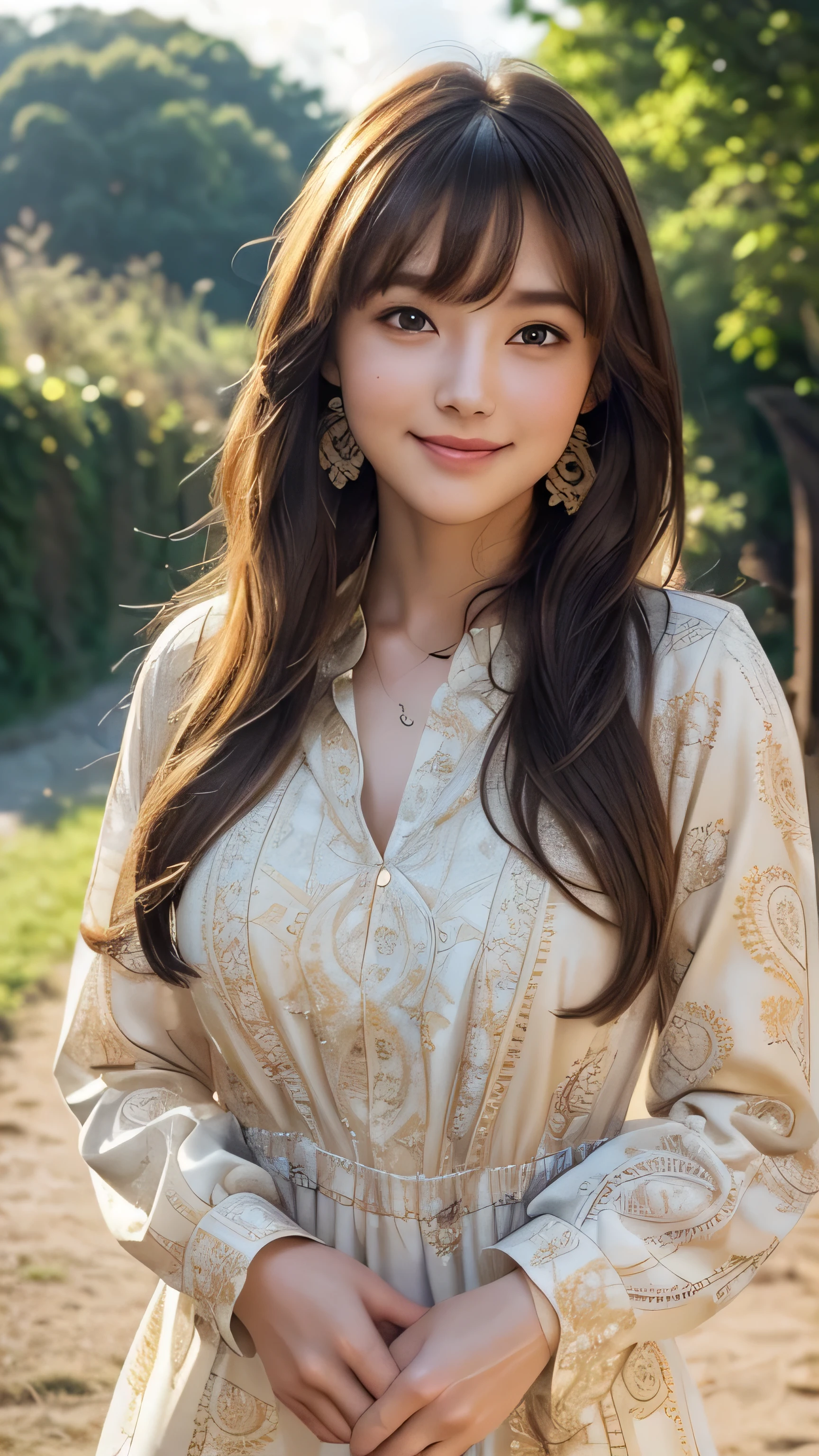 (Very delicate and beautiful: 1.2), 1 girl, Robber Girl, bangs, Cute eyes,Brown Hair, Mouth closed, landscape, Hair between the eyes, Long sleeve, Looking at the audience, Medium Hair, alone, Upper Body, Short school uniform: 1.3, ((alone)), (masterpiece), blonde、Various movement poses、With a smile、mini skirt、mini shirt、uniform、Loosely inward wavy hair,Gold Necklace＿Large earrings,Extra long brown hair)、((intricately patterned shirt mini dress:1.5)),((A shy smile:1.3))((light rays,Tyndall effect,outdoor,cloud:1.4)),((Place your left hand gently on your chin，right hand holding chest:1.3)), 
