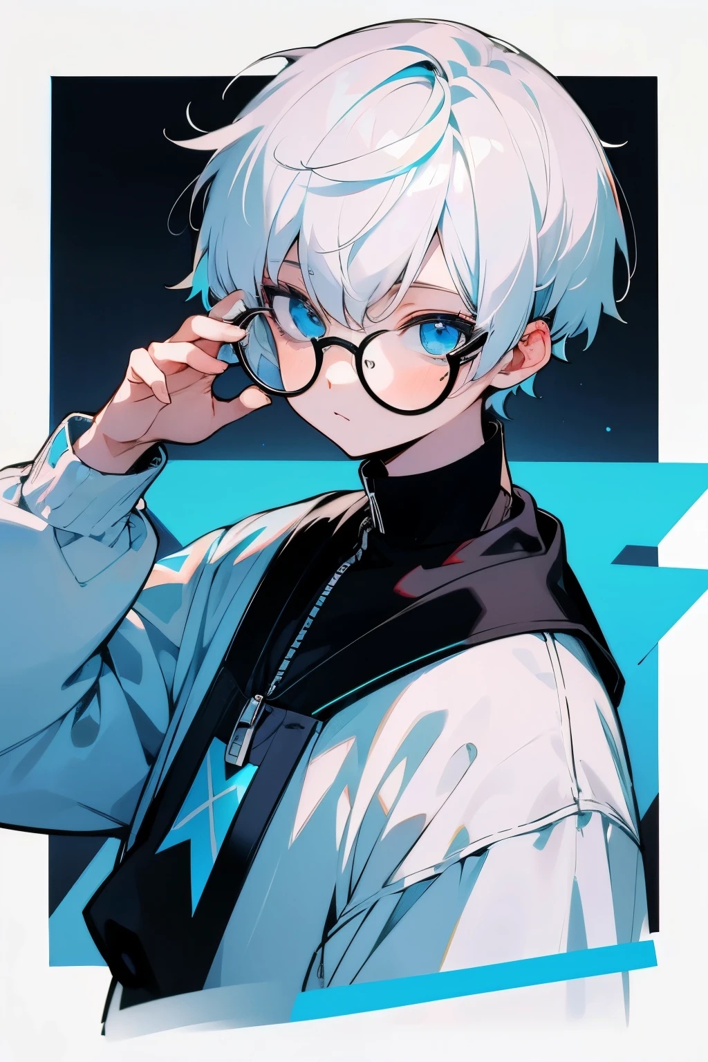 White hair，short hair，youth，clear sky blue eyes，Black square frame glasses。White sweatshirt