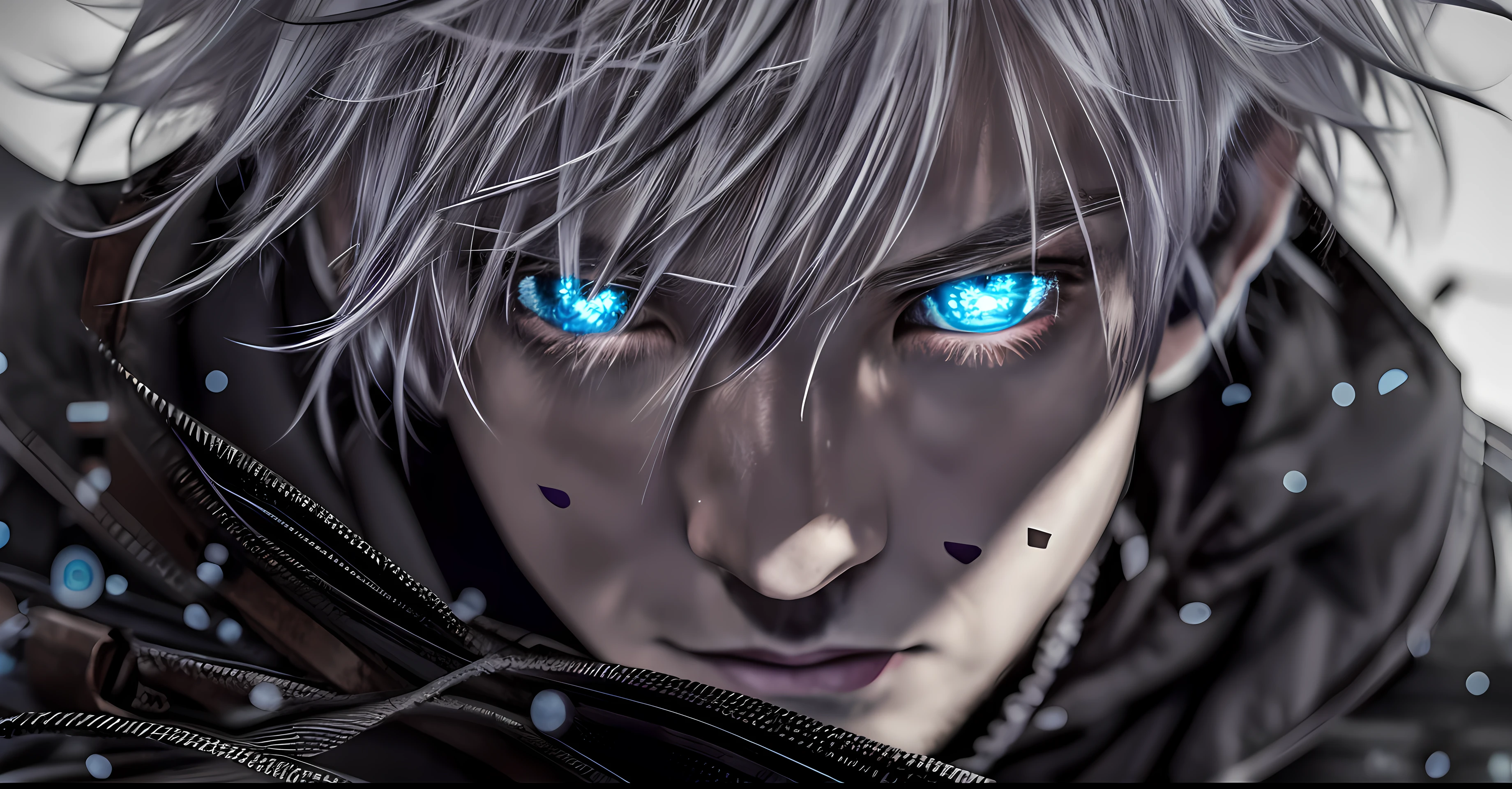 of a real,8k,photore,Works of masters,A thirty-year-old man,japanes,white color hair,Blue pupil,short detailed hair,Blackn clothes