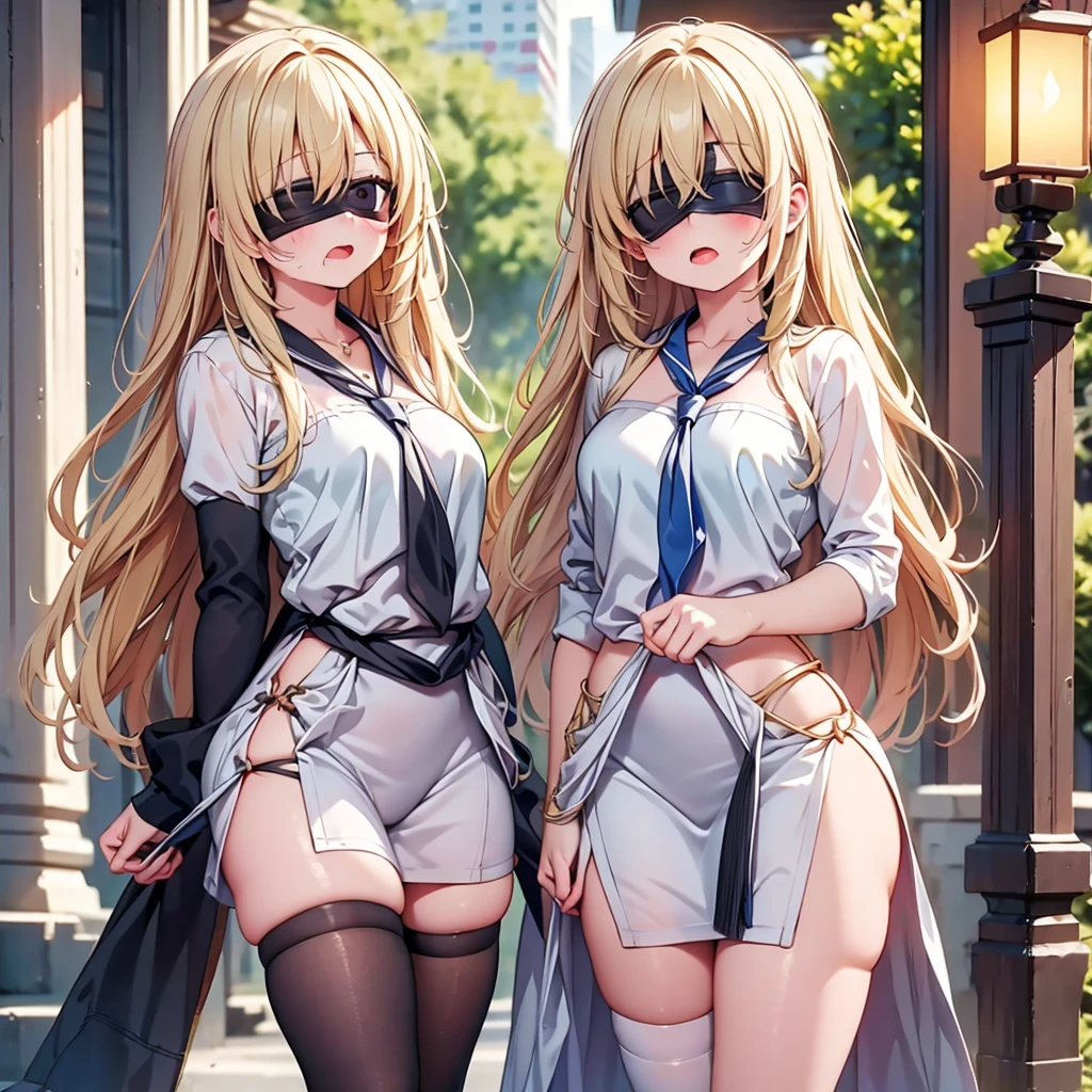 highest quality,wonderful,finely,extremely detailed CG Unity 8K wallpaper, (Stand in line:1.2), (3 girls, clothed), (open mouth:1.1), (long tongue:1.1), (mouth drool:1.1), (black stockings:1.1),(Thighs:1.2),(Waistline:1.2),(black blindfold, blindfold:1.5)