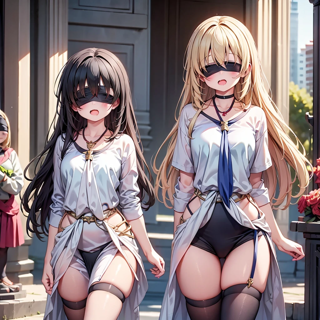 highest quality,wonderful,finely,extremely detailed CG Unity 8K wallpaper, (Stand in line:1.2), (3 girls, clothed), (open mouth:1.1), (long tongue:1.1), (mouth drool:1.1), (black stockings:1.1),(Thighs:1.2),(Waistline:1.2),(black blindfold, blindfold:1.5)