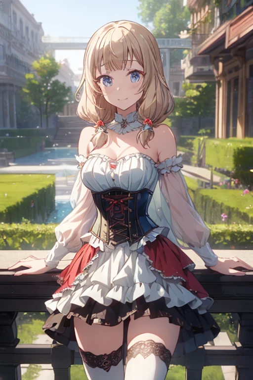(masterpiece, best quality:1.2), cowboy shot, solo, 1girl, sheryl nome, smile, closed mouth, looking at viewer, strapless dress, corset, layered skirt, thighhighs, bare shoulders