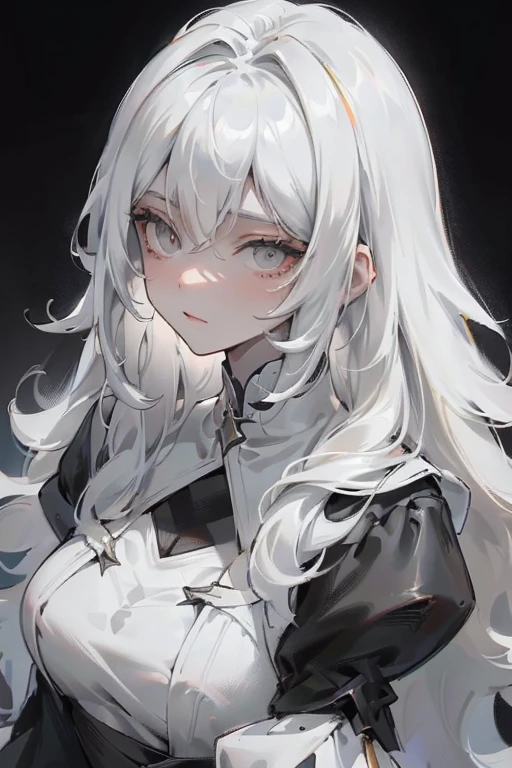 masterpiece, best quality, portrait of 1girl, adult woman, black background with a gray gradient from below, long white hair, clothes are a black narrow dress with gold elements, white light is falling from above, she holds her hands behind her head, looks straight at the camera

