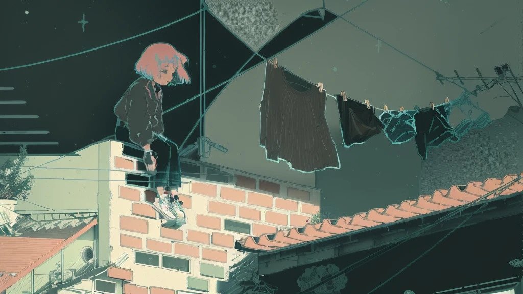 Image of a woman in her 50s standing on a roof and hanging out clothes, LOFI Girl aesthetic, I will fix it colors, Lo-fi illustration style, Lo-fi aesthetic, Lo-fi art style, Anime Aesthetics, LOFI Girl, 9 0 s Anime Aesthetics, Game aesthetics, Lofi Color, Lo-fi feeling, I will fix it, lo - Fine Color