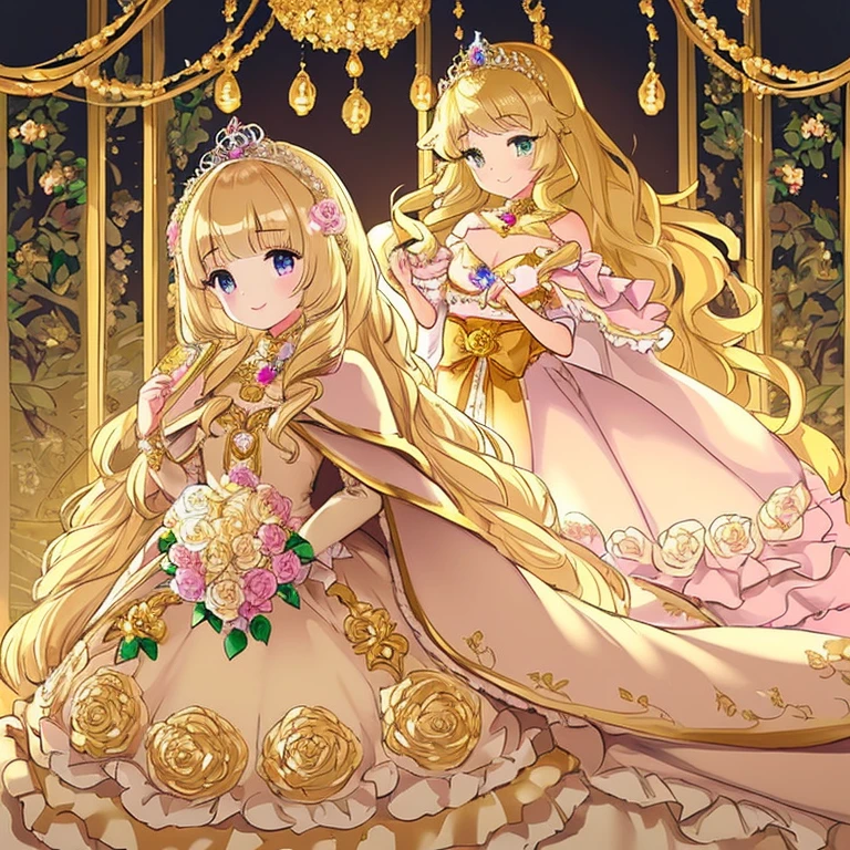 (kawaii),(best quality),(ultra detailed),(rococo style),(long train beige cape:1.15), very long cape,(long train beige ball gown with flower decorations), a girl is wearing a cape over her gown, 1 little princess, tiara with blue jewelry, smile, very long hair, small breasts, beautiful detailed eyes, beautiful detailed lips