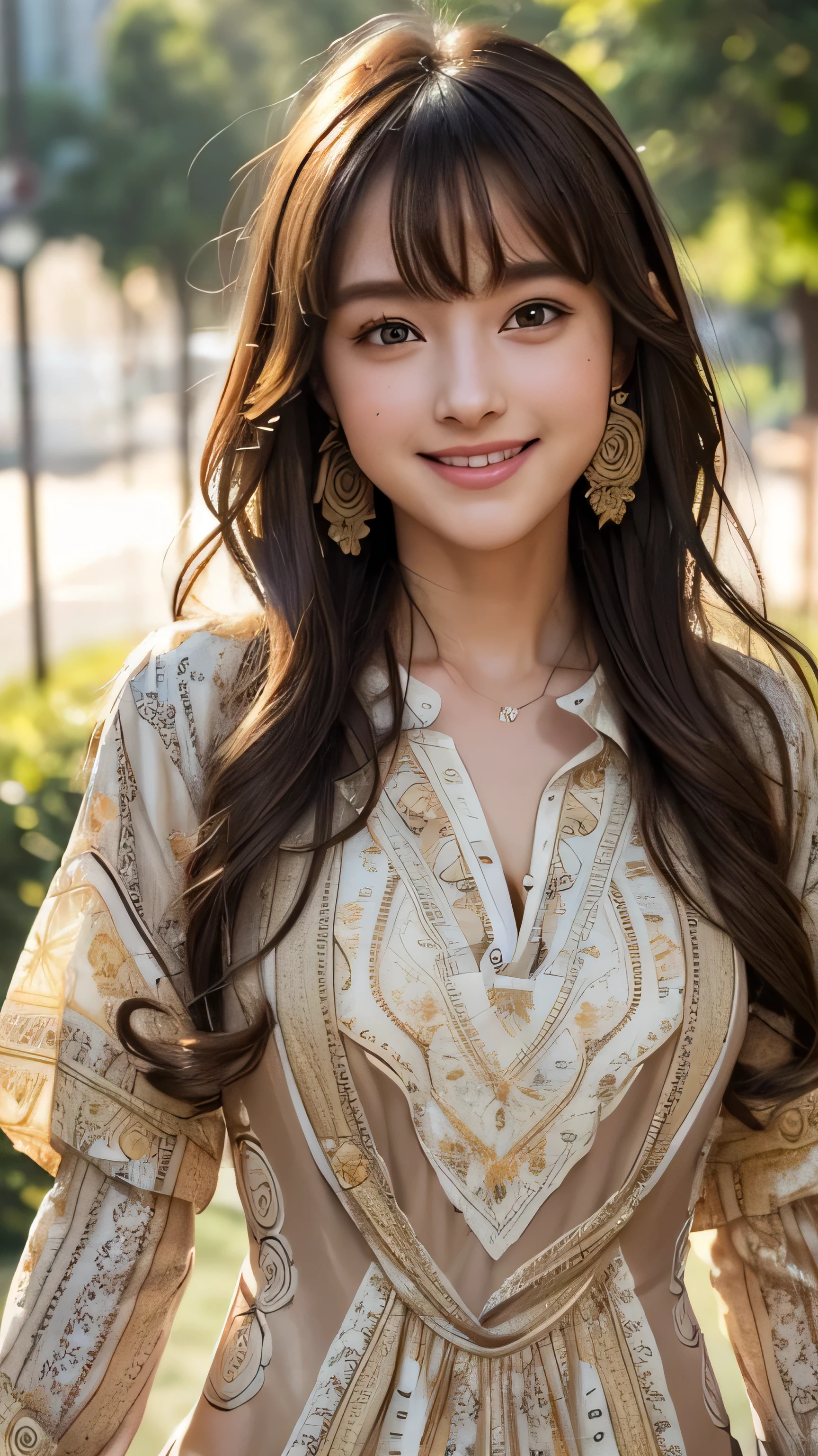 (Very delicate and beautiful: 1.2), 1 girl, Robber Girl, bangs, Cute eyes,Brown Hair, Mouth closed, landscape, Hair between the eyes, Long sleeve, Looking at the audience, Medium Hair, alone, Upper Body, Short school uniform: 1.3, ((alone)), (masterpiece), blonde、Various movement poses、With a smile、mini skirt、mini shirt、uniform、Loosely inward wavy hair,Gold Necklace_Large earrings,Extra long brown hair)、((intricately patterned shirt mini dress:1.5)),((A shy smile:1.3))((light rays,Tyndall effect,outdoor,cloud:1.4)),