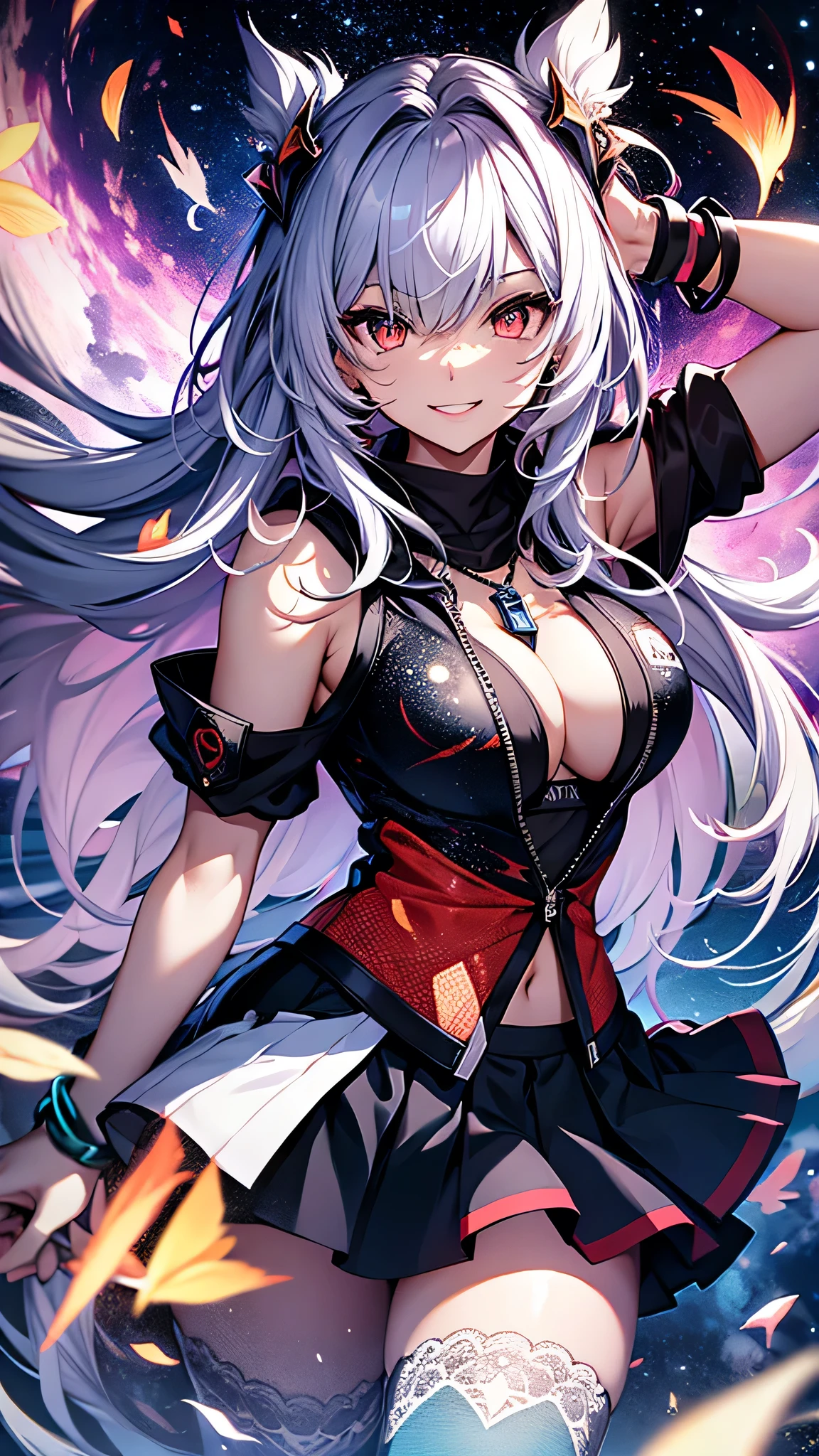 最high quality、Best image quality、masterpiece、girl((18-year-old、 By becoming、Best Bust、Medium Bust,Wide open breast tea、Red glowing eyes,Silver Hair、Disheveled Hair、Long Hair、thin,The highest valley、Open chest、Luminous Wristbands、smile、hair ornaments、luminous necklace、Black sleeveless hoodie(1:2)、Blue short skirt、Angle from directly above、Disheveled clothing、Show the whole body,)),high quality、Beautiful art、background((Cosmic))、Flight、Flying debris、Written boundary depth、movie、Visual Arts、Perfect art、8K,Genuine、