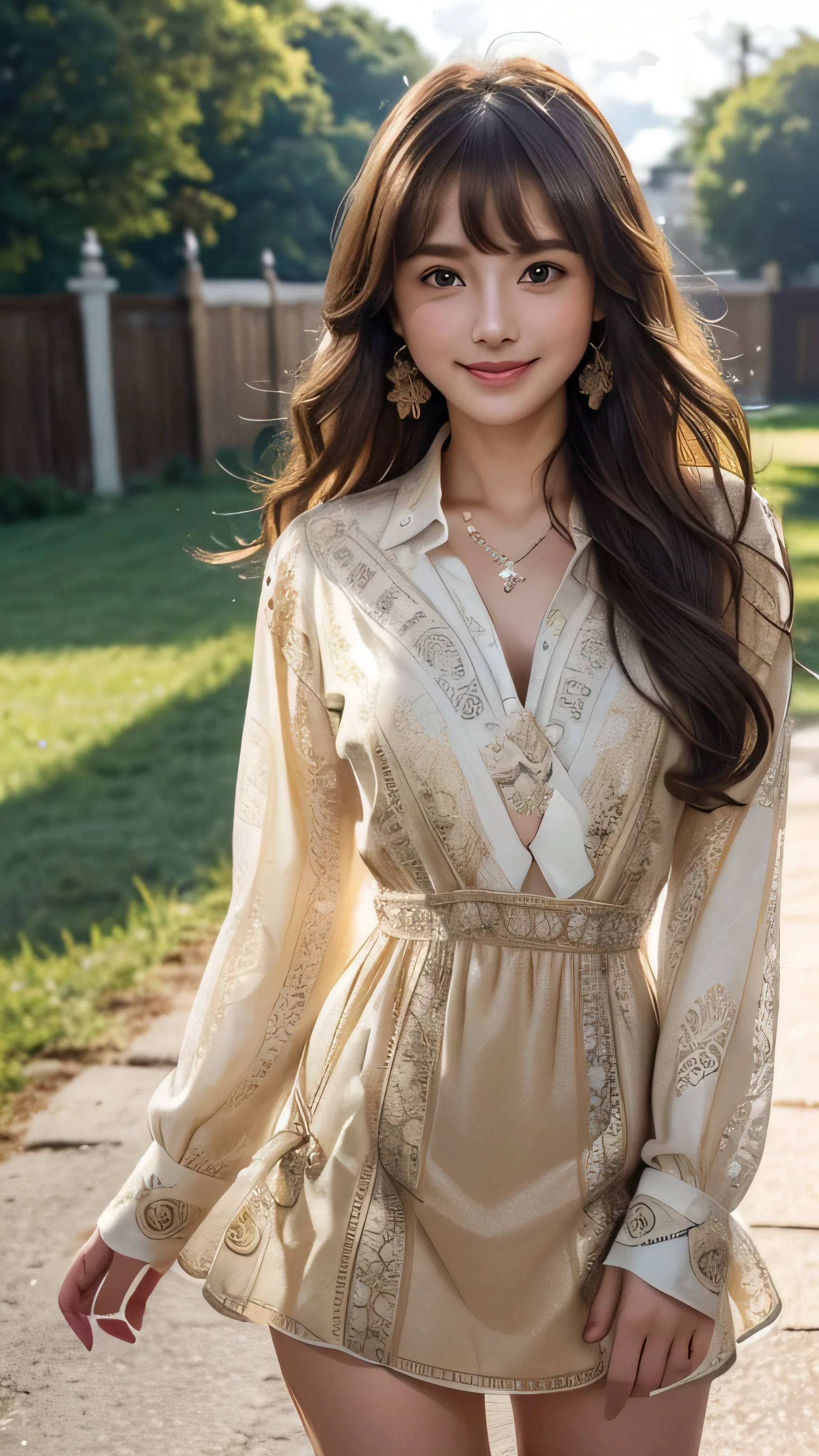 (Very delicate and beautiful: 1.2), 1 girl, Robber Girl, bangs, Cute eyes,Brown Hair, Mouth closed, landscape, Hair between the eyes, Long sleeve, Looking at the audience, Medium Hair, alone, Upper Body, Short school uniform: 1.3, ((alone)), (masterpiece), blonde、Various movement poses、With a smile、mini skirt、mini shirt、uniform、Loosely inward wavy hair,Gold Necklace＿Large earrings,Extra long brown hair)、((intricately patterned shirt mini dress:1.5)),((A shy smile:1.3))((light rays,Tyndall effect,outdoor,cloud:1.4)),