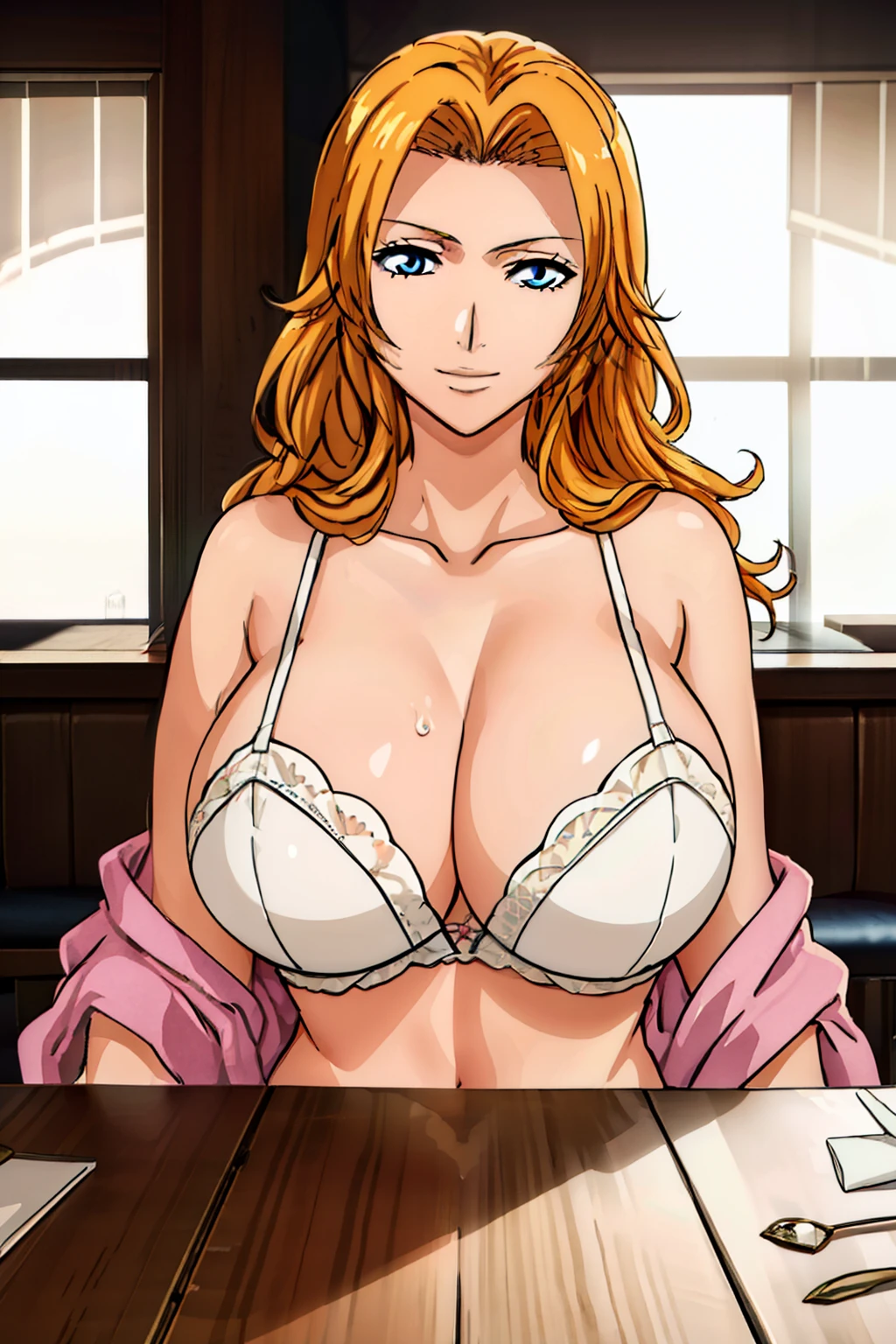 (POV Dating | across table : 1.3), bare shoulder, white lace bra, white lace panties, white garter belt, luxury diningroom background, matsumoto rangiku, anime cels style, best quality, high resolution, (huge breasts:1.3), cowboy shot, (potrait body), blue eyes, Blonde hair, bangs, Long hair, 1 girl, looking at viewer, beautiful face, Beautiful Finger, Beautiful long legs, Beautiful body, Beautiful Nose,Beautiful character design, light smile