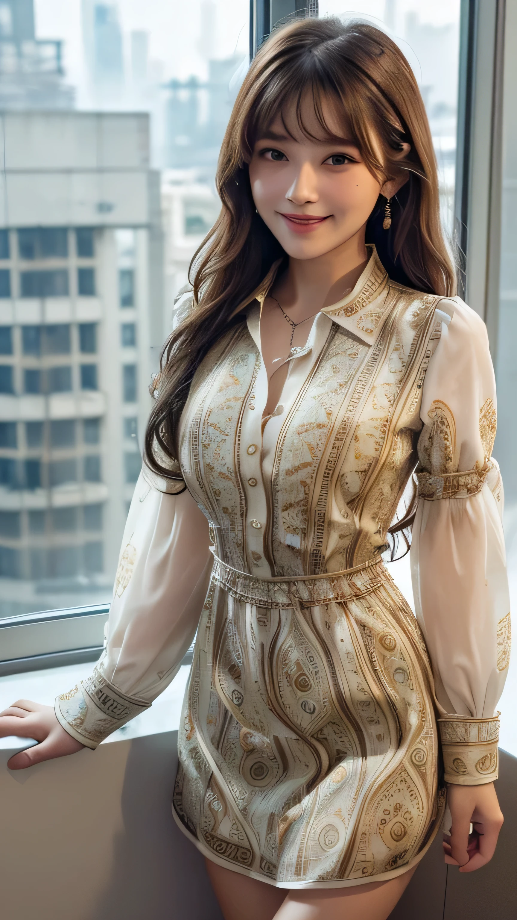 (Very delicate and beautiful: 1.2), 1 girl, Robber Girl, bangs, Cute eyes,Brown Hair, Mouth closed, landscape, Hair between the eyes, Long sleeve, Looking at the audience, Medium Hair, alone, Upper Body, Short school uniform: 1.3, ((alone)), (masterpiece), blonde、Various movement poses、With a smile、mini skirt、mini shirt、uniform、Loosely inward wavy hair,Gold Necklace_Large earrings,Extra long brown hair、((Skyscrapers look hazy outside the window:1.4))((intricately patterned shirt mini dress:1.5)),((A shy smile:1.3)),
