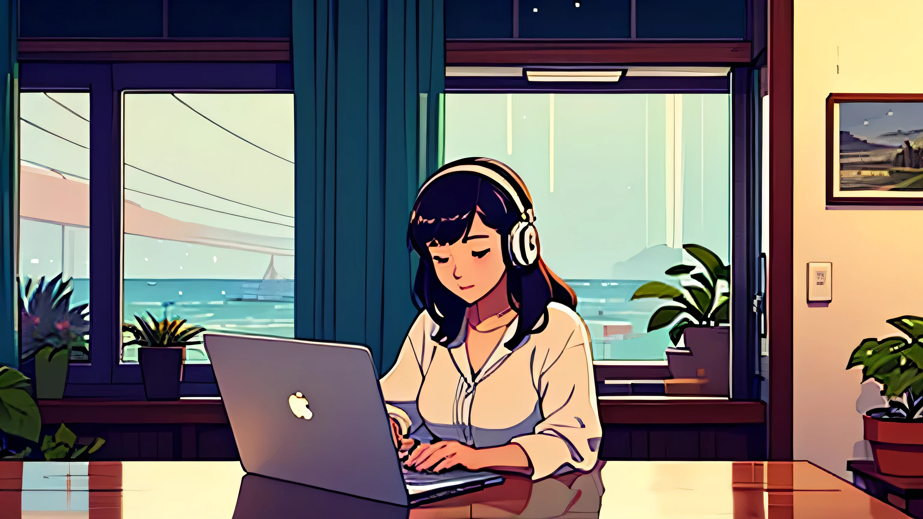 at rainy Night a handsome girl sitting at coin laundry studying with papers besides and listening to music with headphones and typing on her computer on her desk and plants at background Lo-fi A beautiful view in the large window Ocean Beach