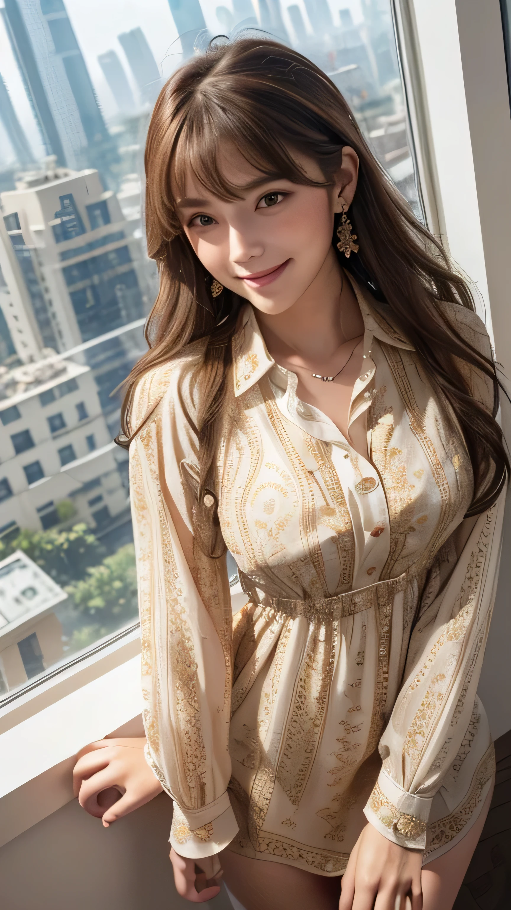 (Very delicate and beautiful: 1.2), 1 girl, Robber Girl, bangs, Cute eyes,Brown Hair, Mouth closed, landscape, Hair between the eyes, Long sleeve, Looking at the audience, Medium Hair, alone, Upper Body, Short school uniform: 1.3, ((alone)), (masterpiece), blonde、Various movement poses、With a smile、mini skirt、mini shirt、uniform、Loosely inward wavy hair,Gold Necklace_Large earrings,Extra long brown hair、((Skyscrapers look hazy outside the window:1.4)),((From an oblique angle above:1.5)),((intricately patterned shirt mini dress:1.5)),((A shy smile:1.3)),