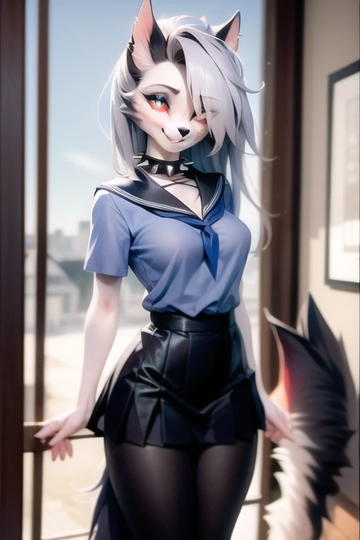 masterpiece, best quality, loona hellhound, japaneseschooluniform, medium breast, white shirt, blue pleated skirt, leggings, detailed face, detailed eyes, (slit pupils, white eyes), red sclera, happy, [smile, [spiked collar]], digitigrade, standing, clasroom